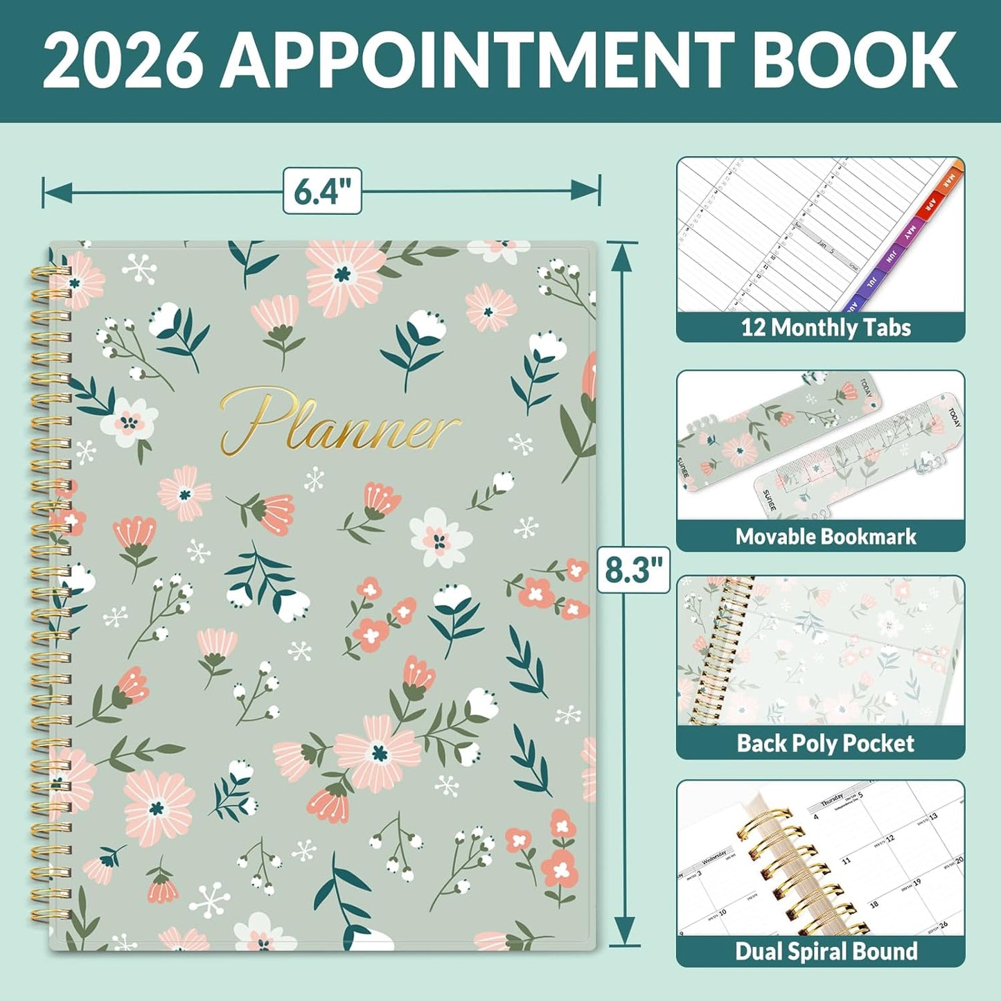 SUNEE 2026 Appointment Book, Quarter-Hourly, Weekly & Monthly - from January 2026 - December 2026, 6.4"x8.3" Weekly Planner, Flexible Cover, Note Pages, Pockets, Bookmark, Green Wildflowers