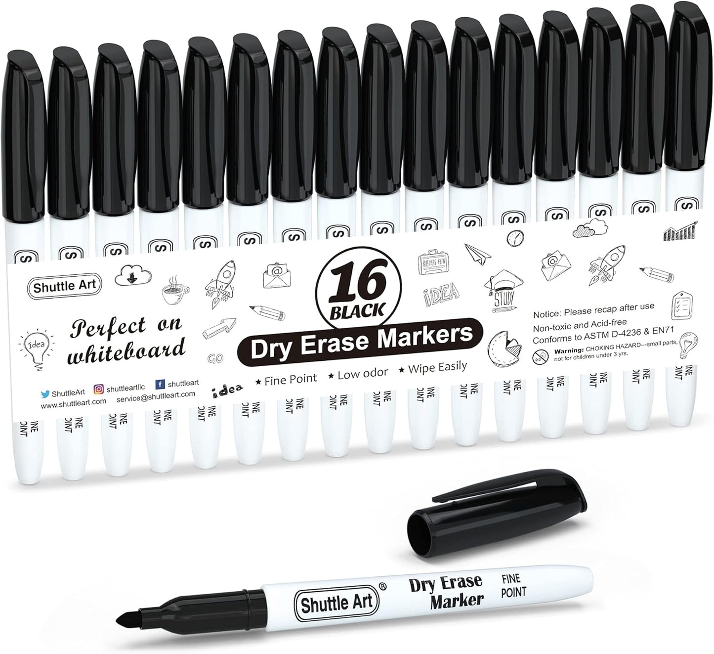 Shuttle Art Dry Erase Markers, 16 Pack Black Whiteboard Markers,Fine Tip Dry Erase Markers for Kids,Perfect for Writing on Whiteboards, Dry-Erase Boards,Mirrors,Calender,School Office Supplies