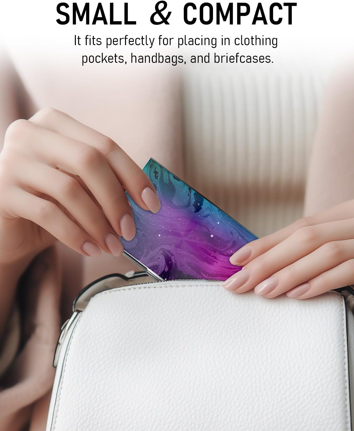 Business Card Metal Slim Organizer, Professional Stainless Steel Square Pocket Wallet for Office Workers, Compact and Portable for Pockets (Purple Starry Sky)