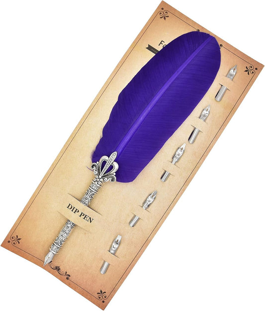 Gullor Calligraphy Feather Quill Pen and 5 Calligraphy Nibs for Beginners Kids Calligraphy Writing Quill Dip Pen Set, Purple