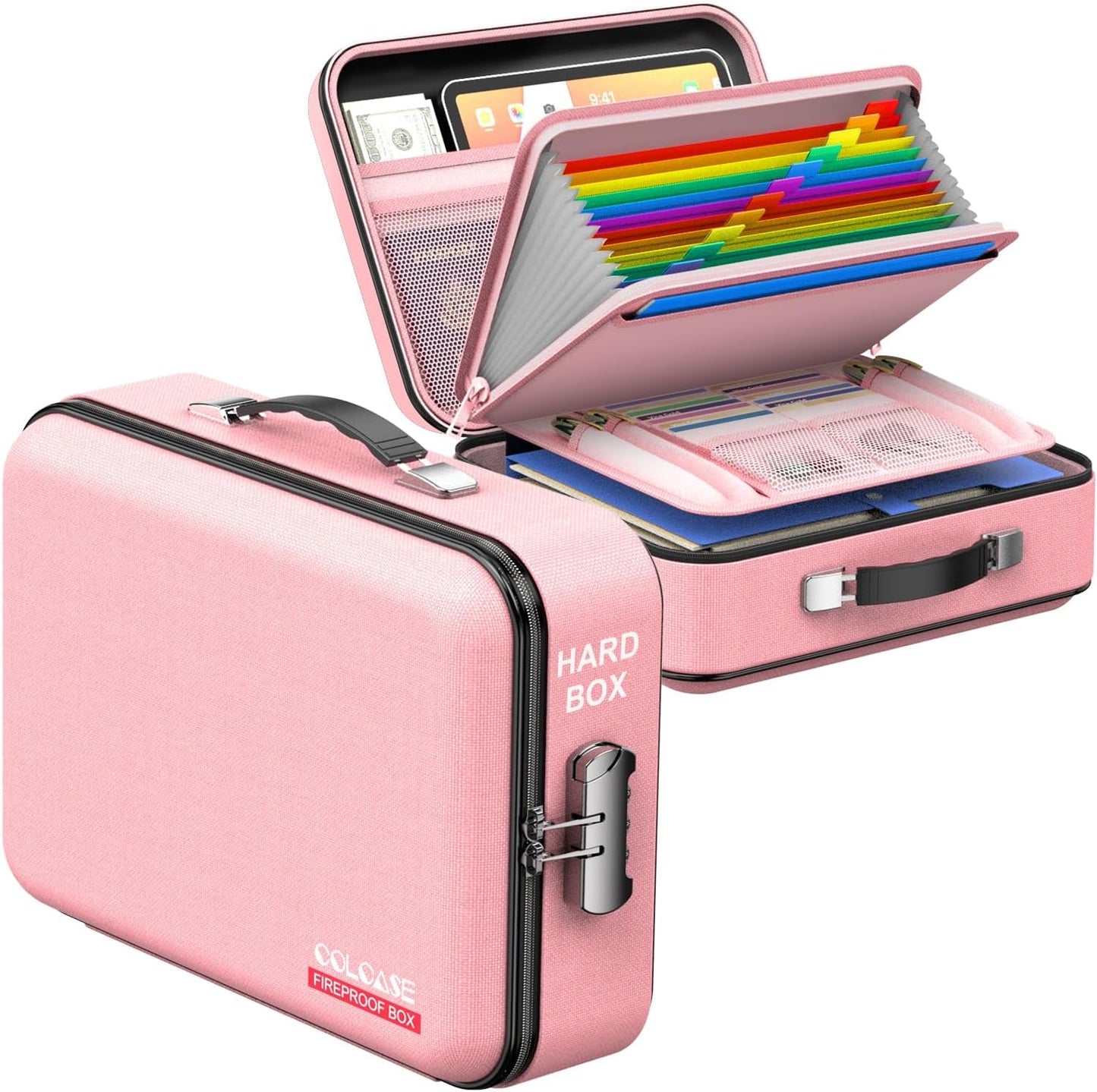 Hard Case Organizer Box with Lock, Hard-Shell Design, Fireproof, Water Resistant for Important Documents, Certificates, Laptop, Passports, Pink