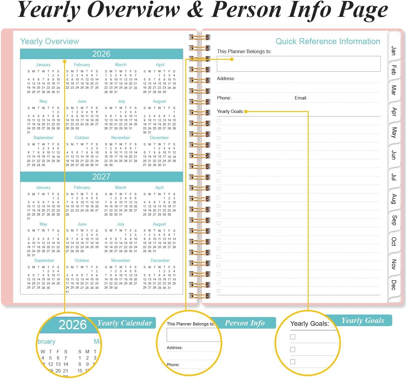 2026 Planner - Planner 2026 from January 2026 - December 2026, Weekly & Monthly Planner Spiral Bound with 12 Monthly Tabs, Inner Pocket, 6.4" x 8.5", Pink-A