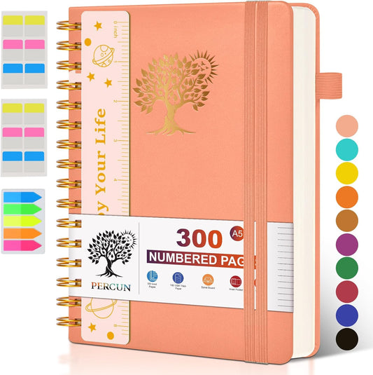 Spiral Notebook Journal for Women Men, 300 Numbered Lined Pages, College Ruled, A5 Hardcover Spiral Bound Notebook for School, Work, Note Taking Writing, Leather Spiral Journal Medium 5.9"x8.5"