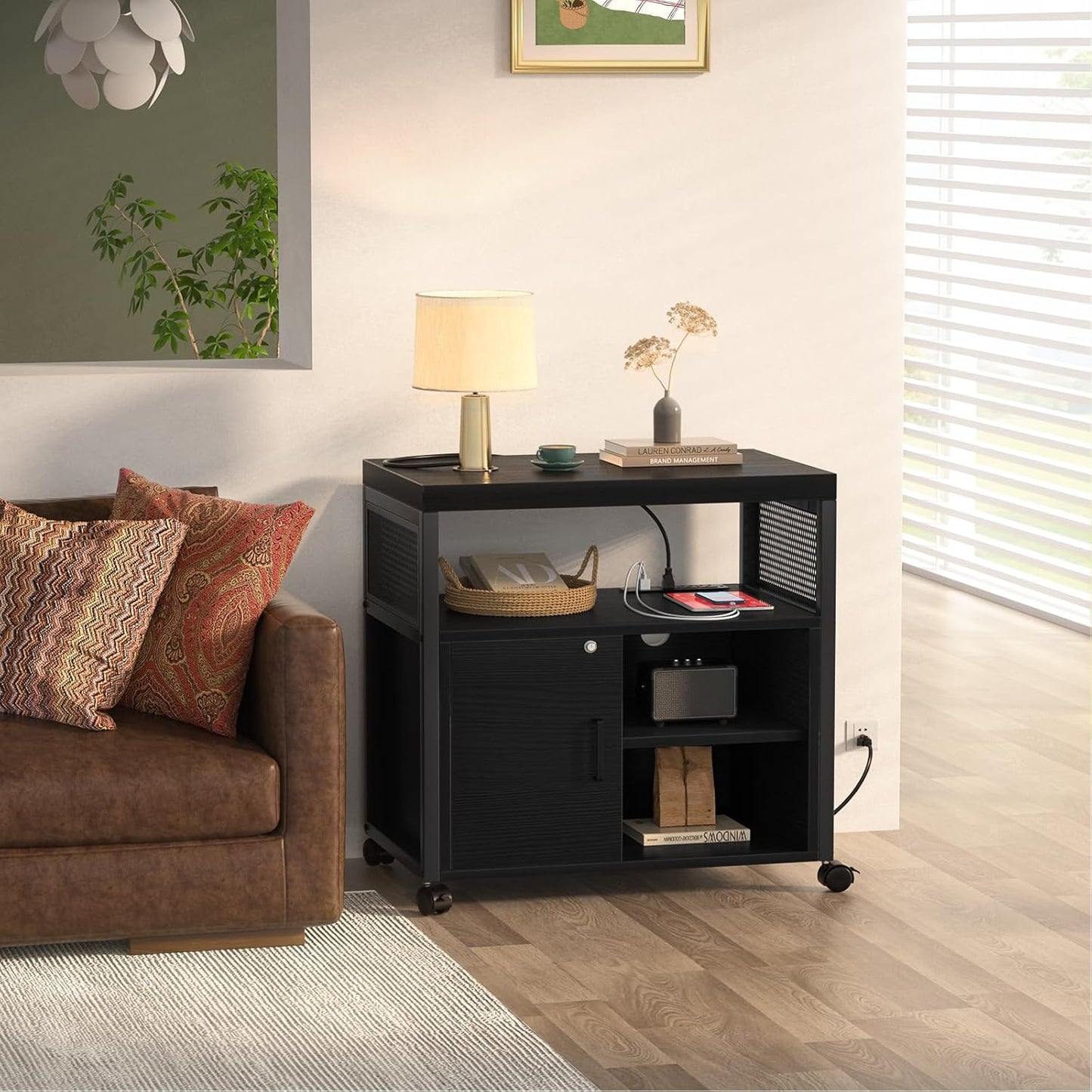 Unikito Lateral File Cabinet, Locking Office Filing Cabinets with Socket and USB Charging Port, Modern Rolling Printer Stand with Storage for A4, Letter Size and File Folders, Black