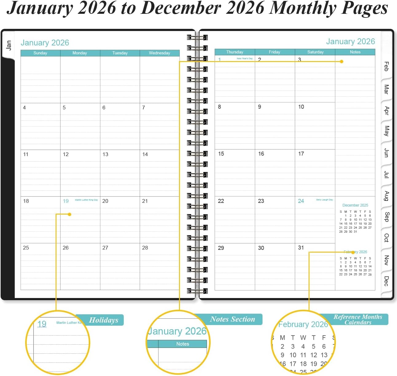 Planner 2026 - A5 Weekly & Monthly Planner Spiral Bound, January 2026 - December 2026, with Flexible Cover, Tabs, Inner Pocket, 6.4" x 8.5", Black