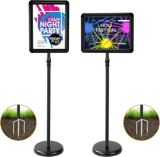 2 Pack Sign Holder Stand 8.5 x 11, With 3-Prong-Base & Round Base, Poster Stand Aluminum Snap Open Frame for A4 Size Outdoor Indoor Sign Stand, Height Adjustable-Black