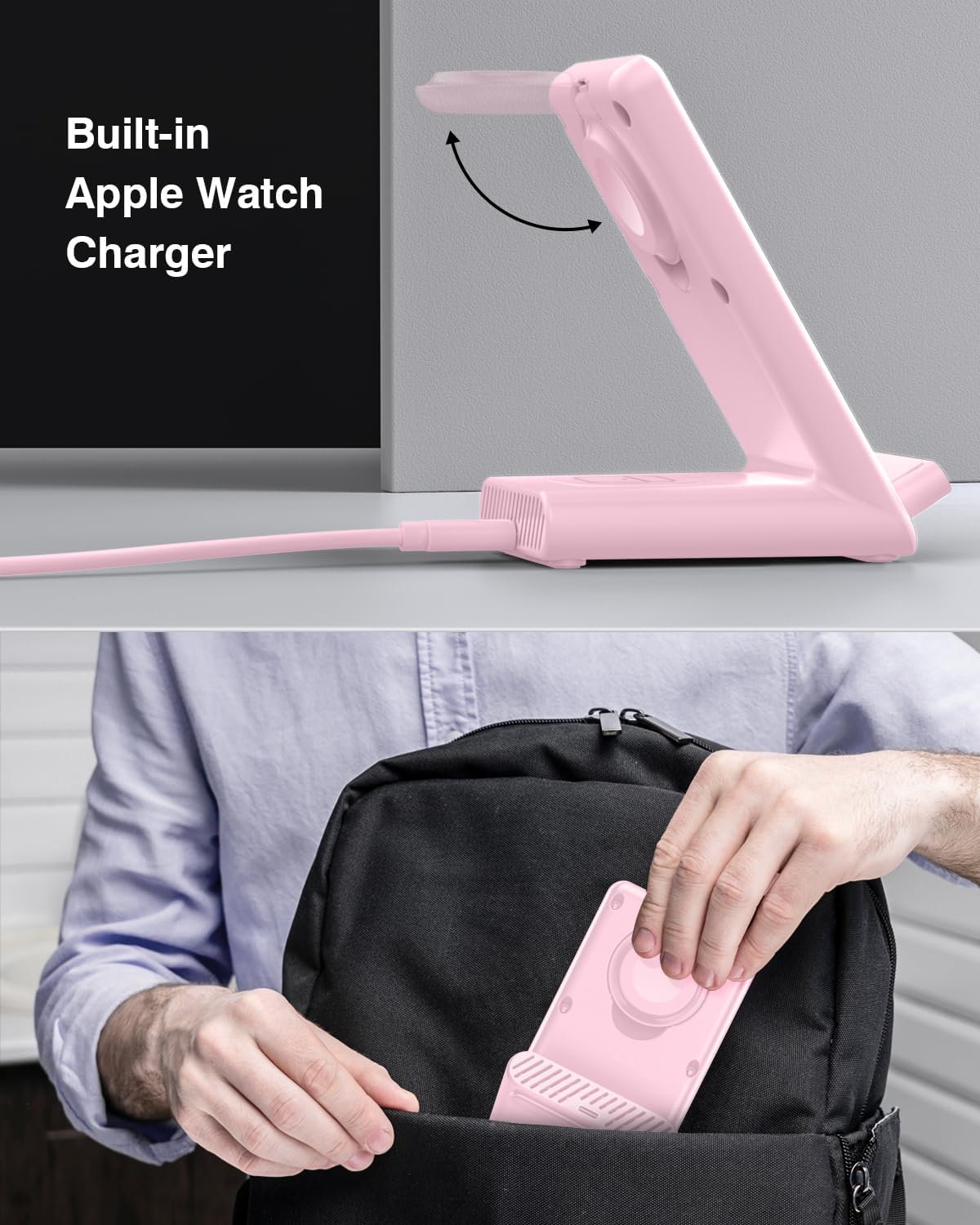 Wireless Charging Station,3 in 1 Charging Stand Made for Apple Watch Ultra 10 9 8 7 6 SE 5 4 3,Fast Wireless Charger Made for iPhone 16/15/14/13/12/11/X,for AirPods Pro(with Adapter) (Pink)