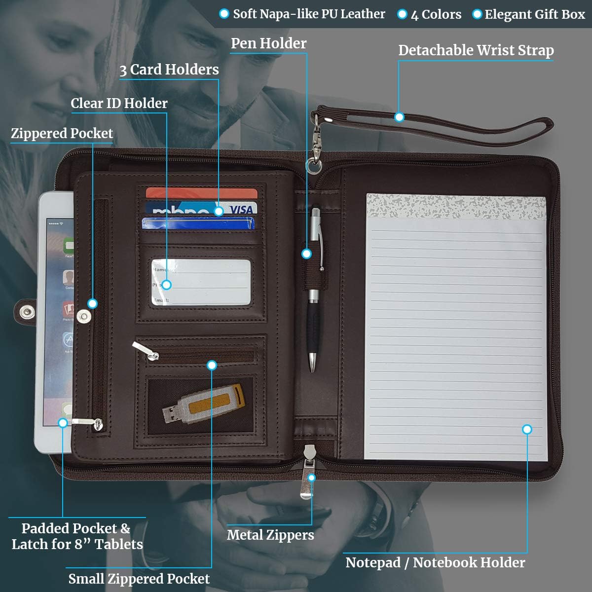 Zippered Portfolio Binder with Junior Legal 5x8 Notepad - Dark Brown PU Faux Leather Business Padfolio Organizer Folder with 8 Inch Tablet Sleeve & Gift Box by Lautus Designs