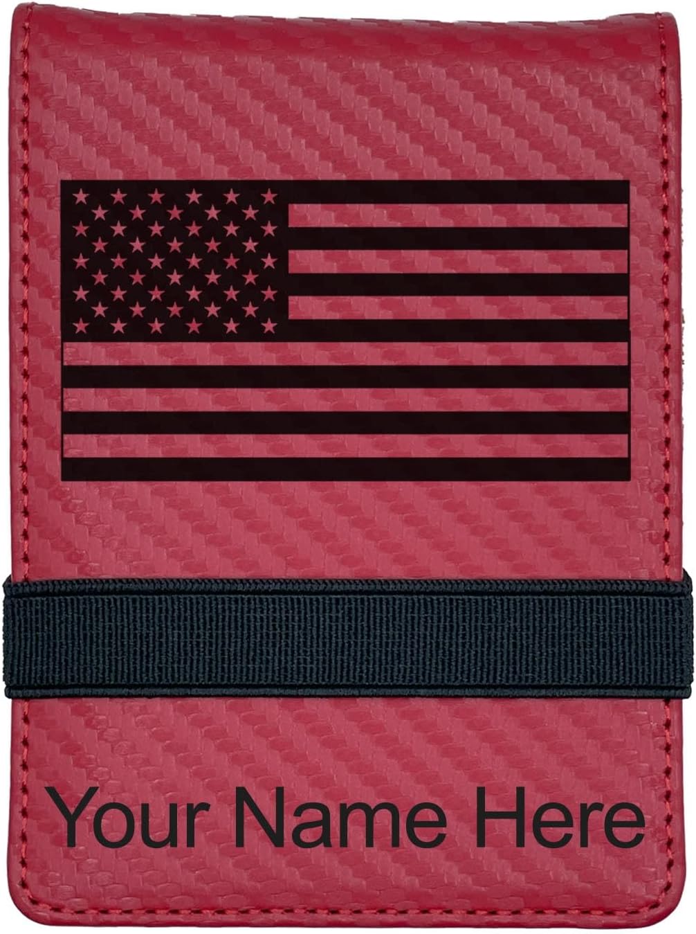 LaserGram Mini Padfolio with Notepad and Pen, Flag of The United States, Personalized Engraving Included (Carbon Fiber Red)