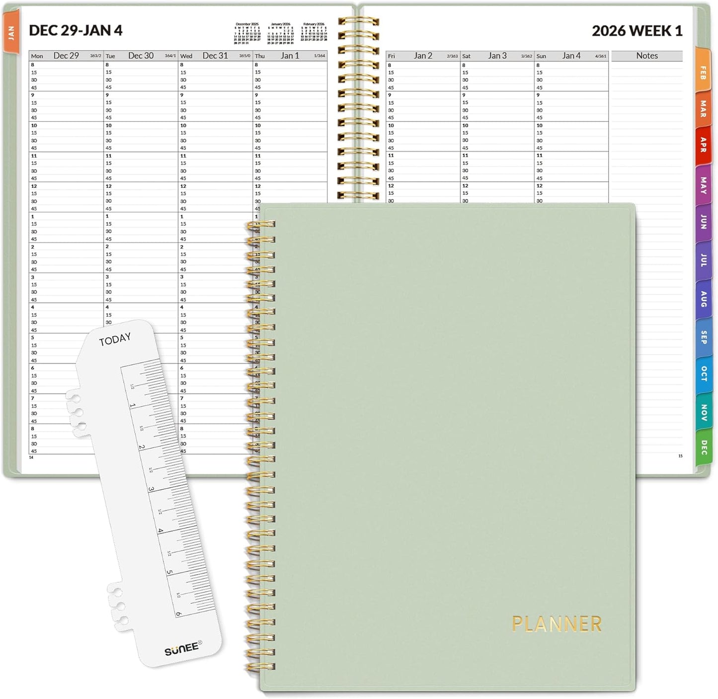 SUNEE 2026 Appointment Planner 15-Minute Time Block – Weekly & Monthly Spiral Organizer with Note Section – Thick Paper, Lay-Flat Bound – 8.5 x 11 for Office, School, Salon, Men & Women, Sage Green
