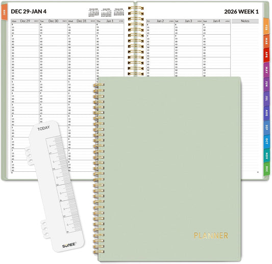 SUNEE 2026 Appointment Planner 15-Minute Time Block – Weekly & Monthly Spiral Organizer with Note Section – Thick Paper, Lay-Flat Bound – 8.5 x 11 for Office, School, Salon, Men & Women, Sage Green