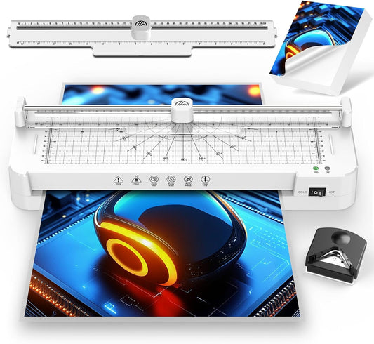 13in Laminator Machine with Paper Trimmer + 50pcs Sheets + Corner Rounder, Dual Hot/Cold Mode | Anti-Jam Technology | 90s Fast Preheat for A3/A4/A5/A6 Home Office School Use