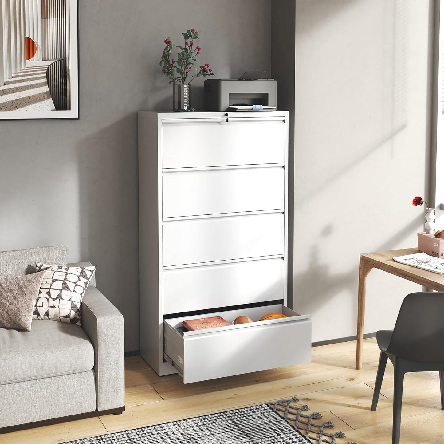 5 Drawer Lateral File Cabinet with Lock, Metal Lateral Filing Cabinet for Home Office, Steel Wide Horizontal Filing Cabinets for Letter/Legal/A4/F4 Hanging Files (White)