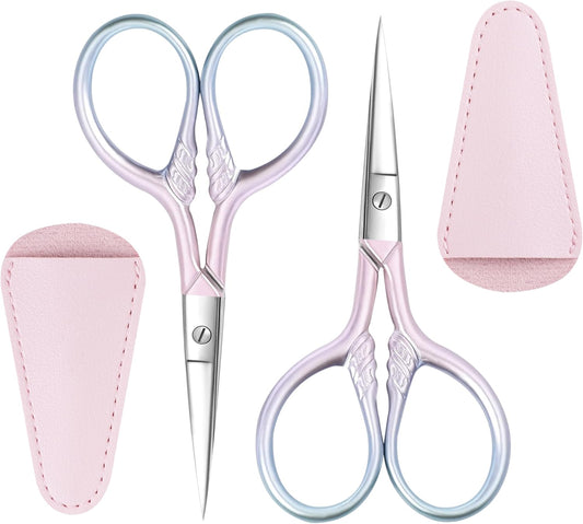 2 Pcs Eyebrow Scissors for Women, Professional Grooming Mini Scissors with Stainless Steel Straight Tip, 3.5 Inch Pink Small Scissors Beauty for Facial Hair, Eyebrows, Beard, Ear, Nose, Moustache