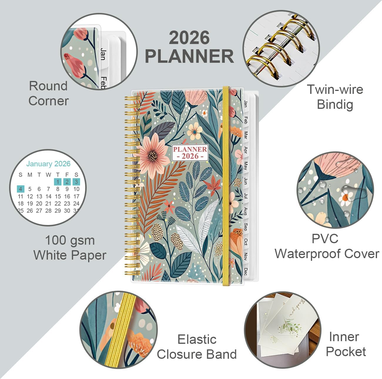 2026 Pocket Planner/Calendar - 2026 Planner from January 2026 - December 2026, Planner 2026 with 12 Tabs, Twin-Wire Binding, Inner Pocket, 3.75" x 6.75", Flower-A
