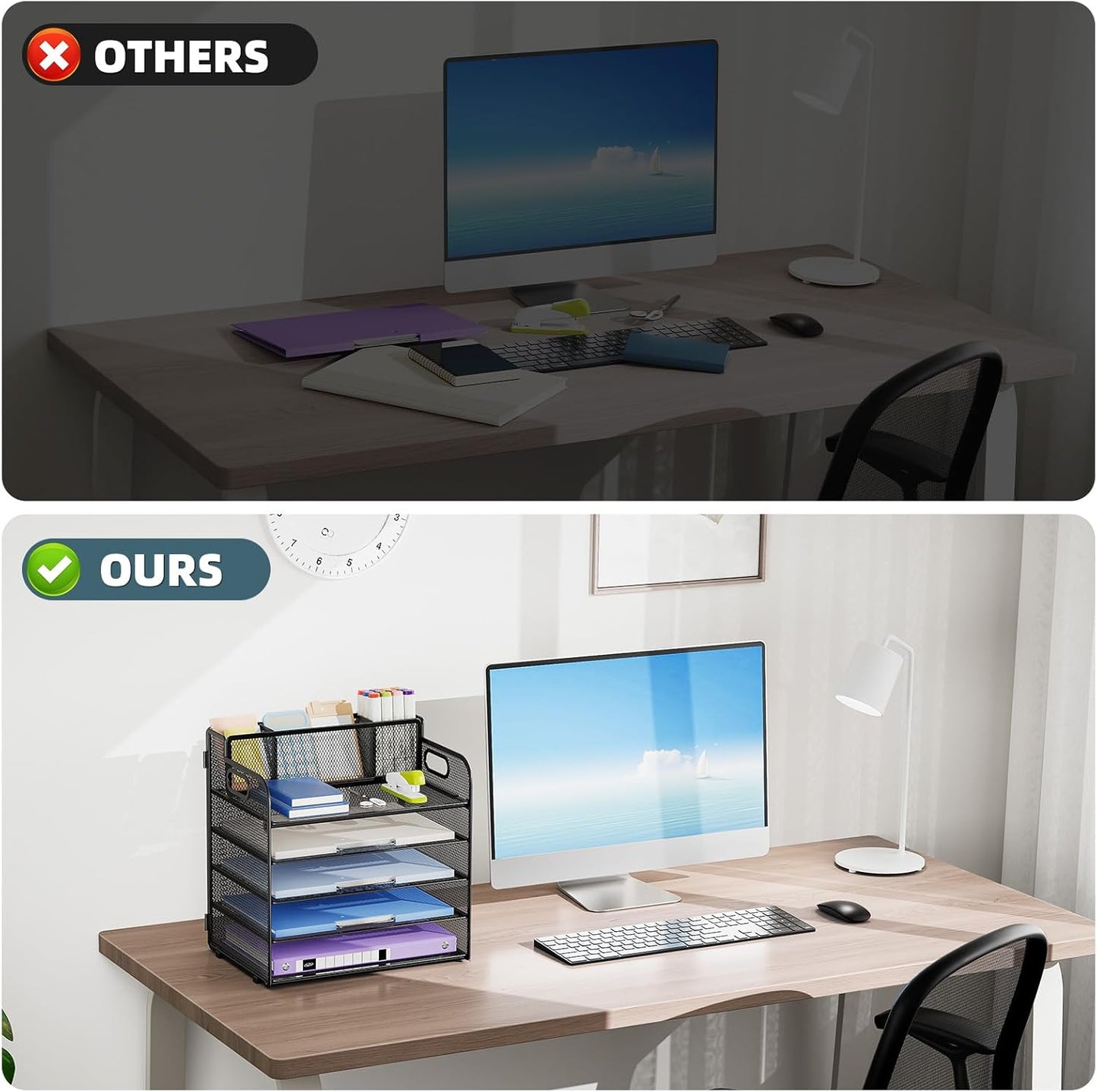 Marbrasse 5 Tier Paper Organizer with 3 Pen Holders, Mesh Desk File Organizer with Handle, Paper Sorter Desk Organizer for Home Office Supplies(Black)