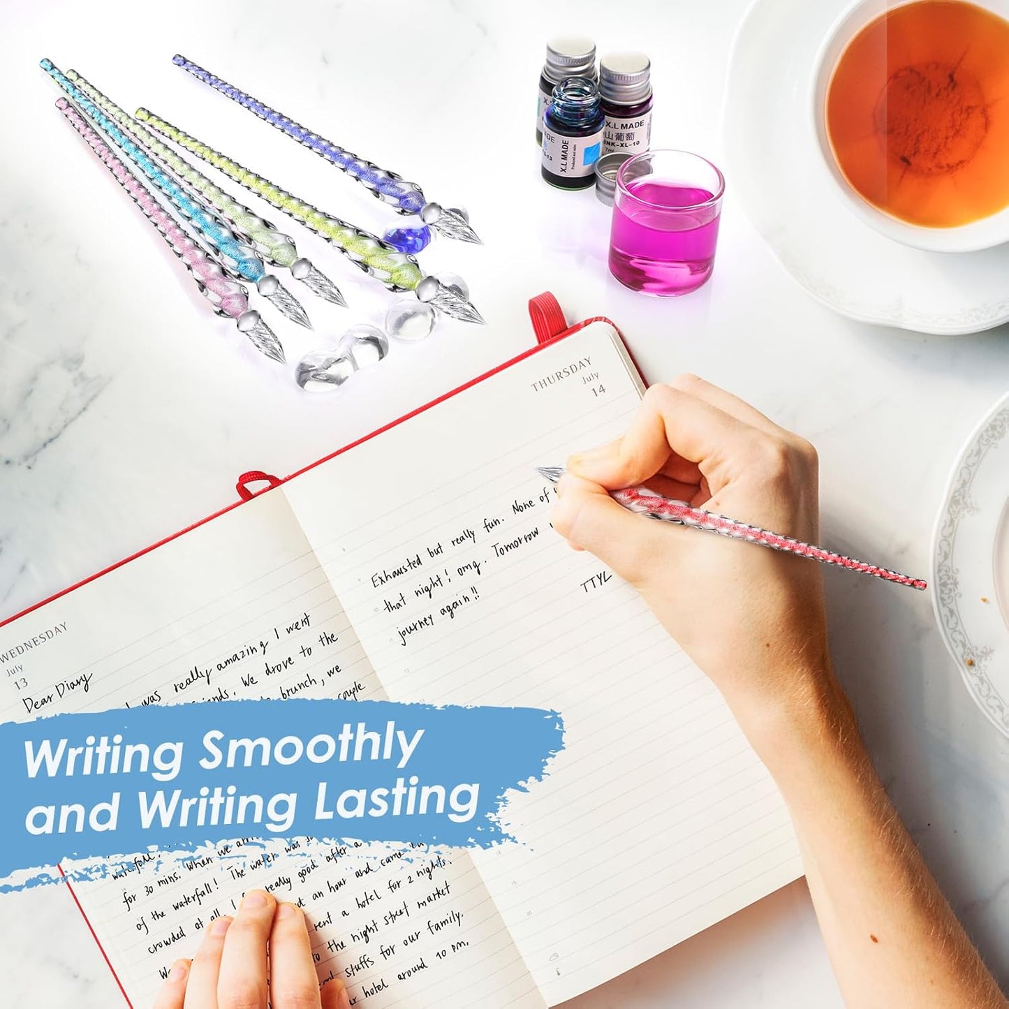 Outus 9 Pieces Glass Dip Pen Handmade Glass Signature Pen High Borosilicate Glass Crystal Vintage Dip Pen with 9 Pieces Pen Holder for Writing Drawing Calligraphy (Classic Color)