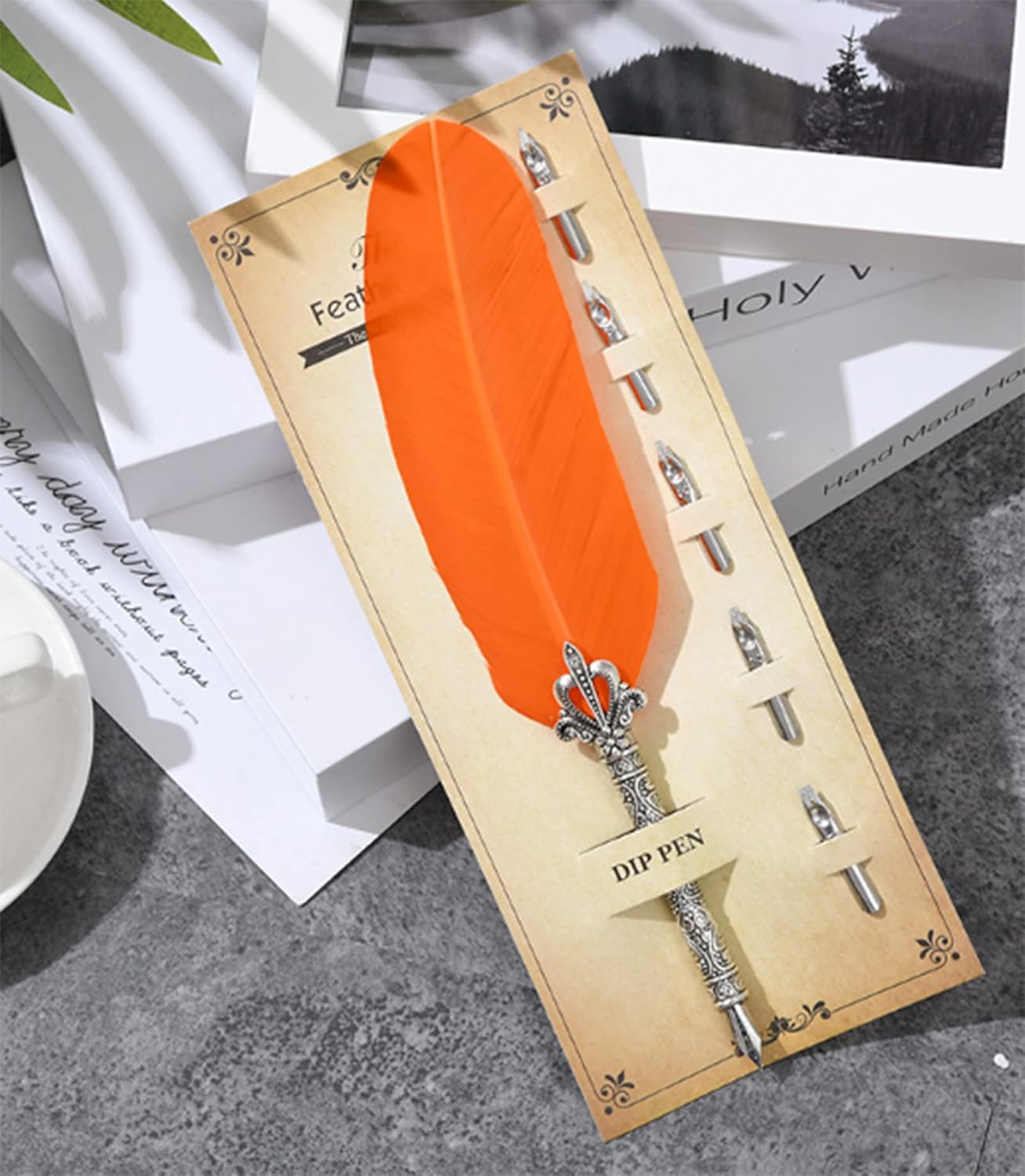 Gullor Calligraphy Feather Quill Pen and 5 Calligraphy Nibs for Beginners Kids Calligraphy Writing Quill Dip Pen Set, Orange