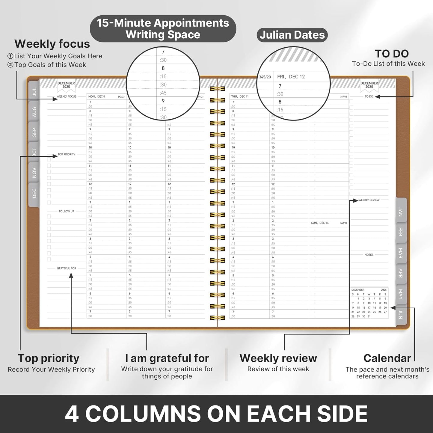GETINK Appointment Book 2025-2026 Weekly Daily Hourly Planner 8.5"x11" Spiral Bound, Jul. 2025 - Jun. 2026, Laredule Appointment Planner 2025 with 15-Minute Increments, Flexible Cover, Black