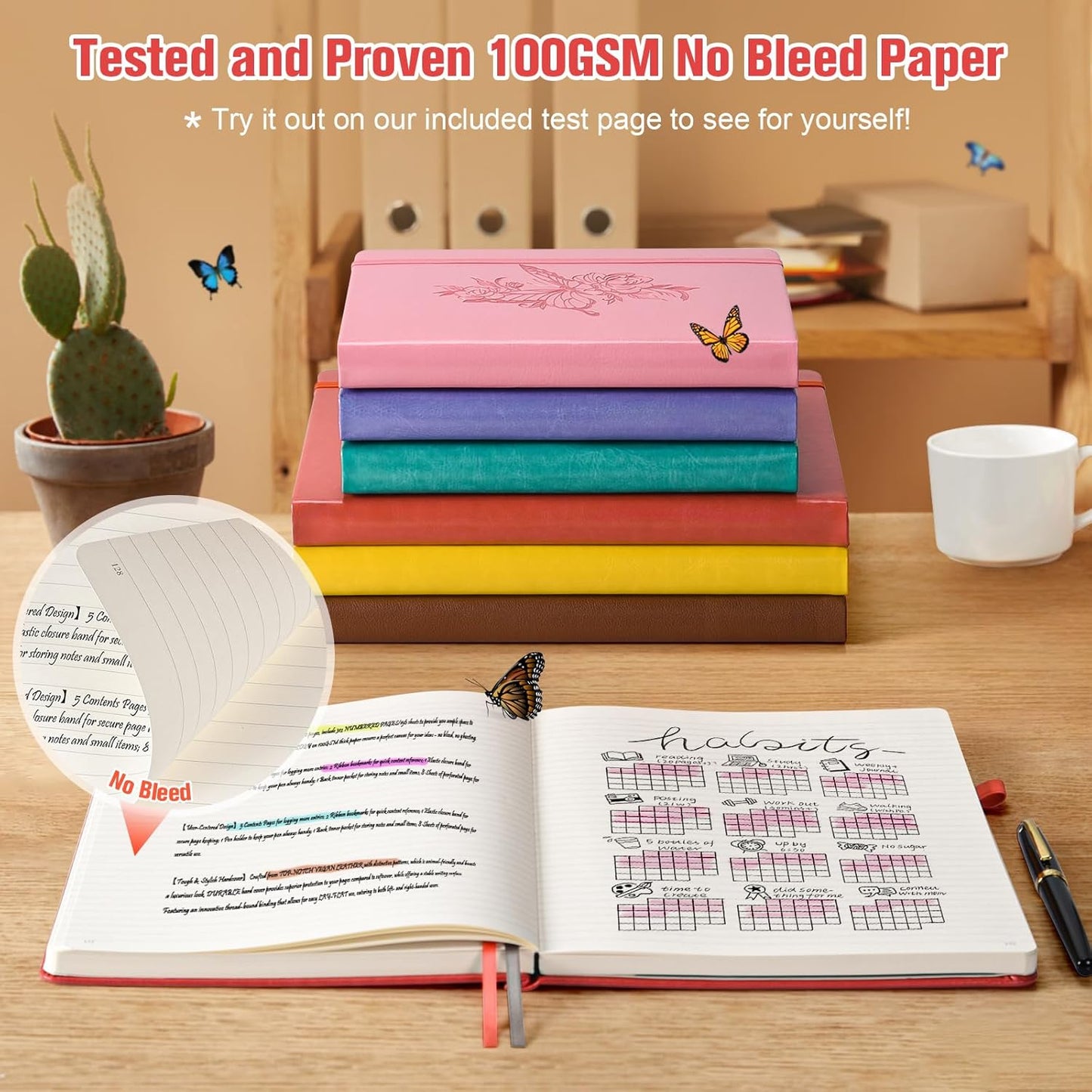 Lined Notebook Journal for Women, 312 Numbered Pages A5 Thick Leather Journal, 100gsm Paper Daily Journal for Work Travel, Hardcover College Ruled Notebook, Giftable Butterfly Floral Notebook, Red