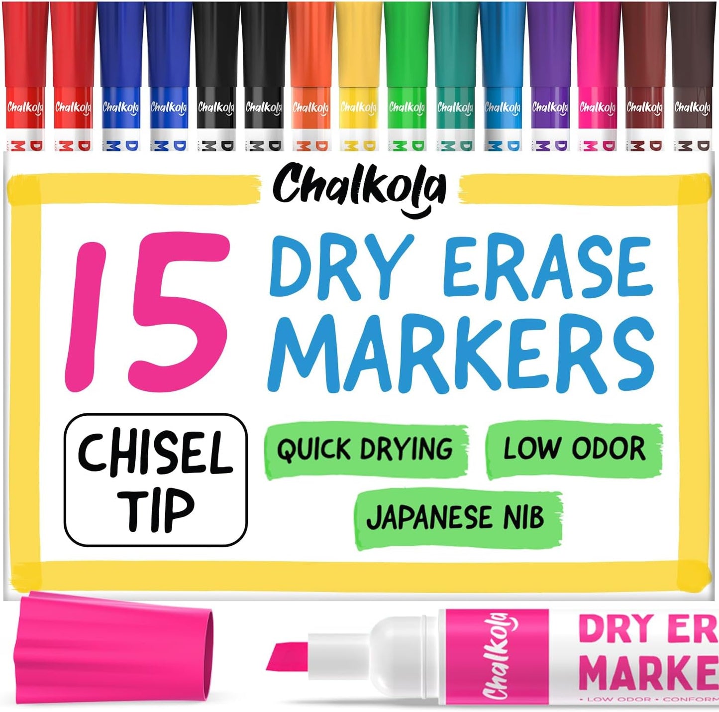 Chalkola Dry Erase Markers Chisel Tip (15 Pack, 12 Colors) | Dry Erase Pens - Non toxic, Low odor Whiteboard Markers for Kids, Teachers, Office, School, Classroom Supplies & Accessories