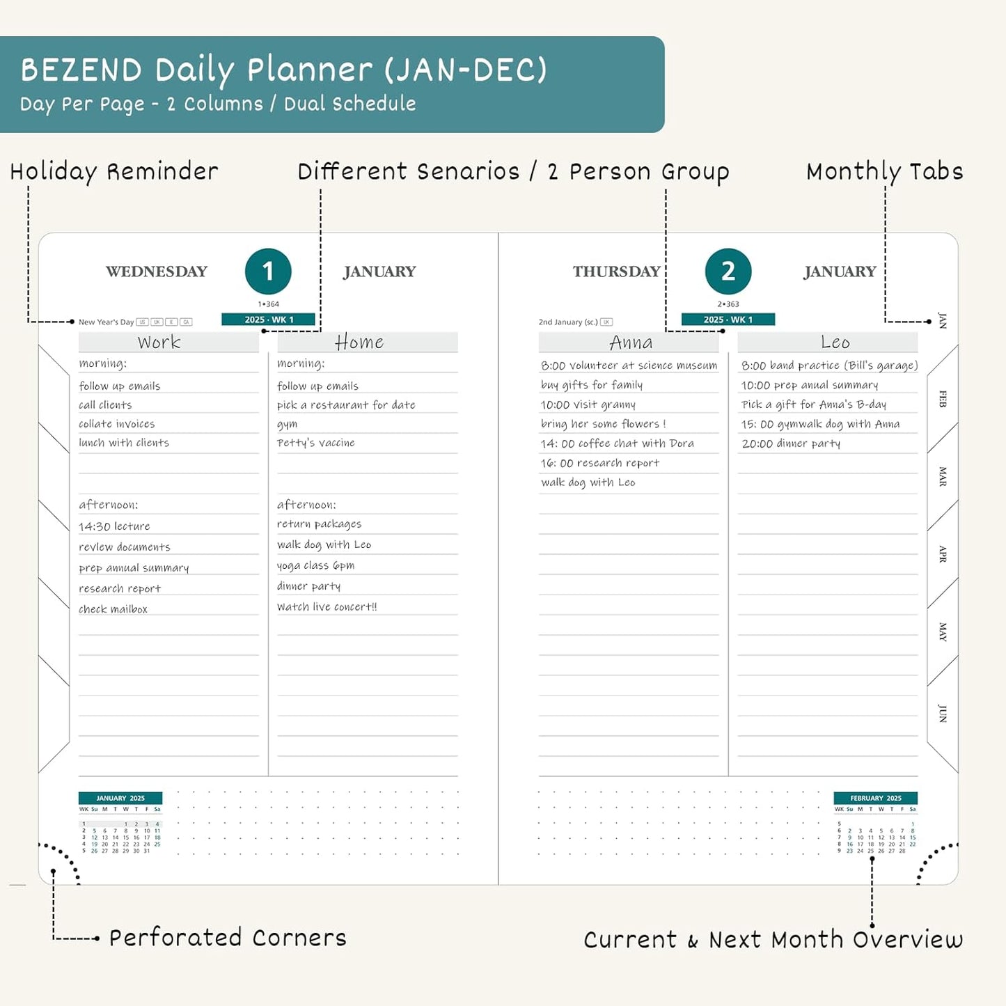 BEZEND Daily Planner 2026 (6" x 8.5") Full Page per Day Even Weekend (Jan-Dec) Monthly Calendar with Tabs, 2 Columns for Dual Schedule with Note, Vegan Leather Hardcover in Lilac