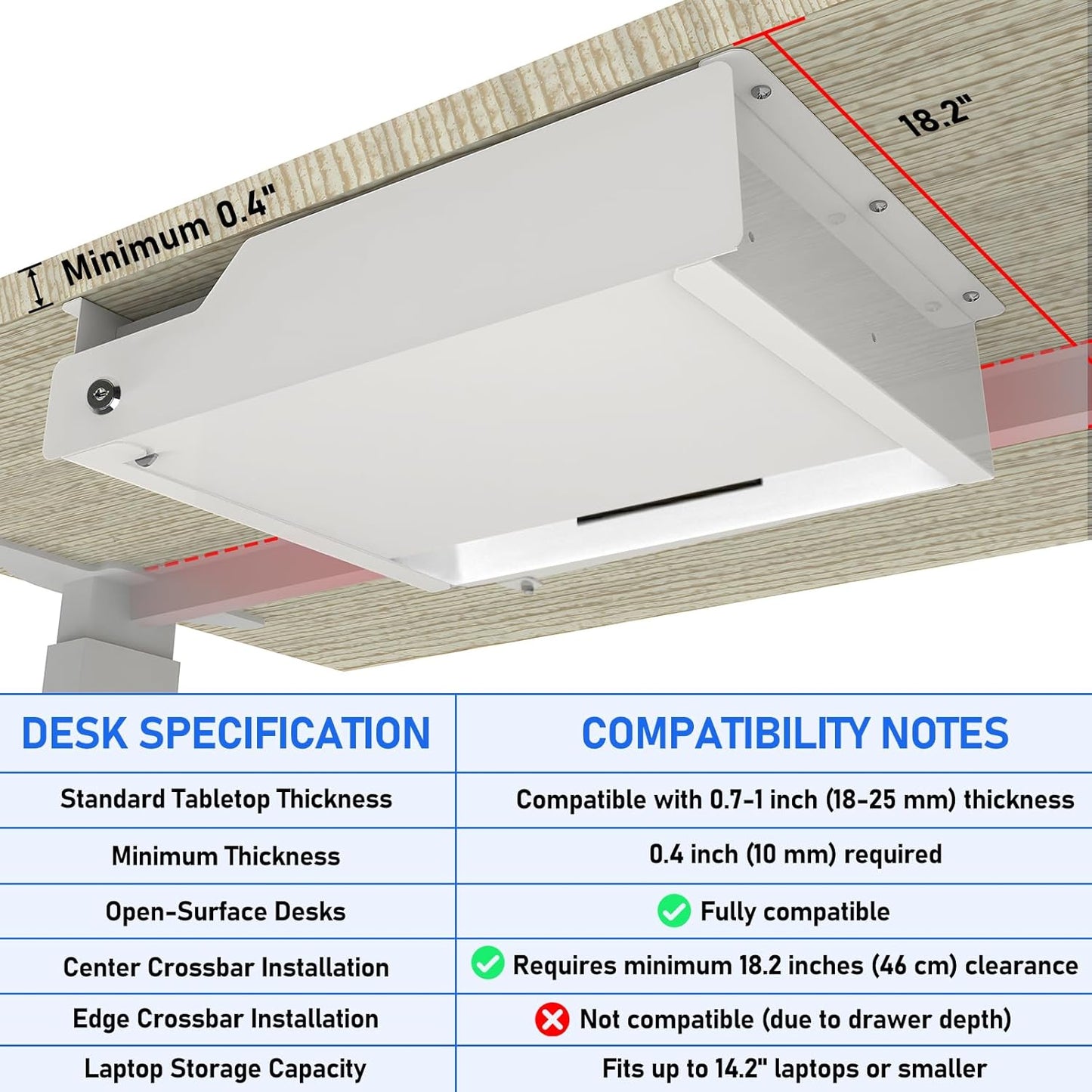 Lumil Under Desk Mounted Drawer Lockable with 3 Prong Extension Cord 10 FT with Multiple Outlets and Foldable Cable Management Arm for Office Desk 15.7" (W) x 15.7" (D) x 4.4" (H), White