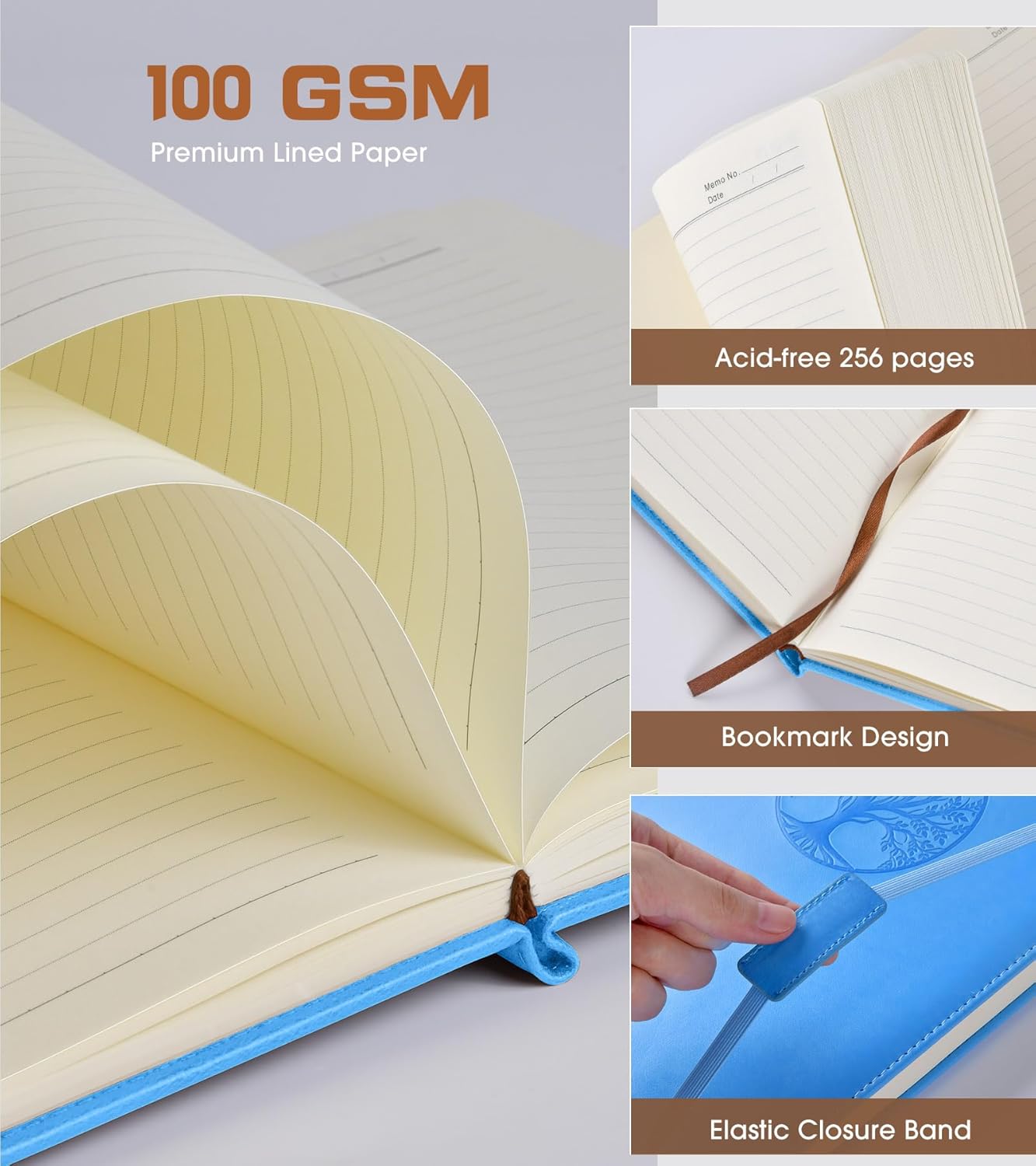Lined Journal Notebook for Women Men,256 Pages A4 Large Hardcover Leather Journals for Writing,Travel,Business,Work,School,College Ruled Notebooks for Note Taking,Diary Notepad 8.6"×11"(Light blue)