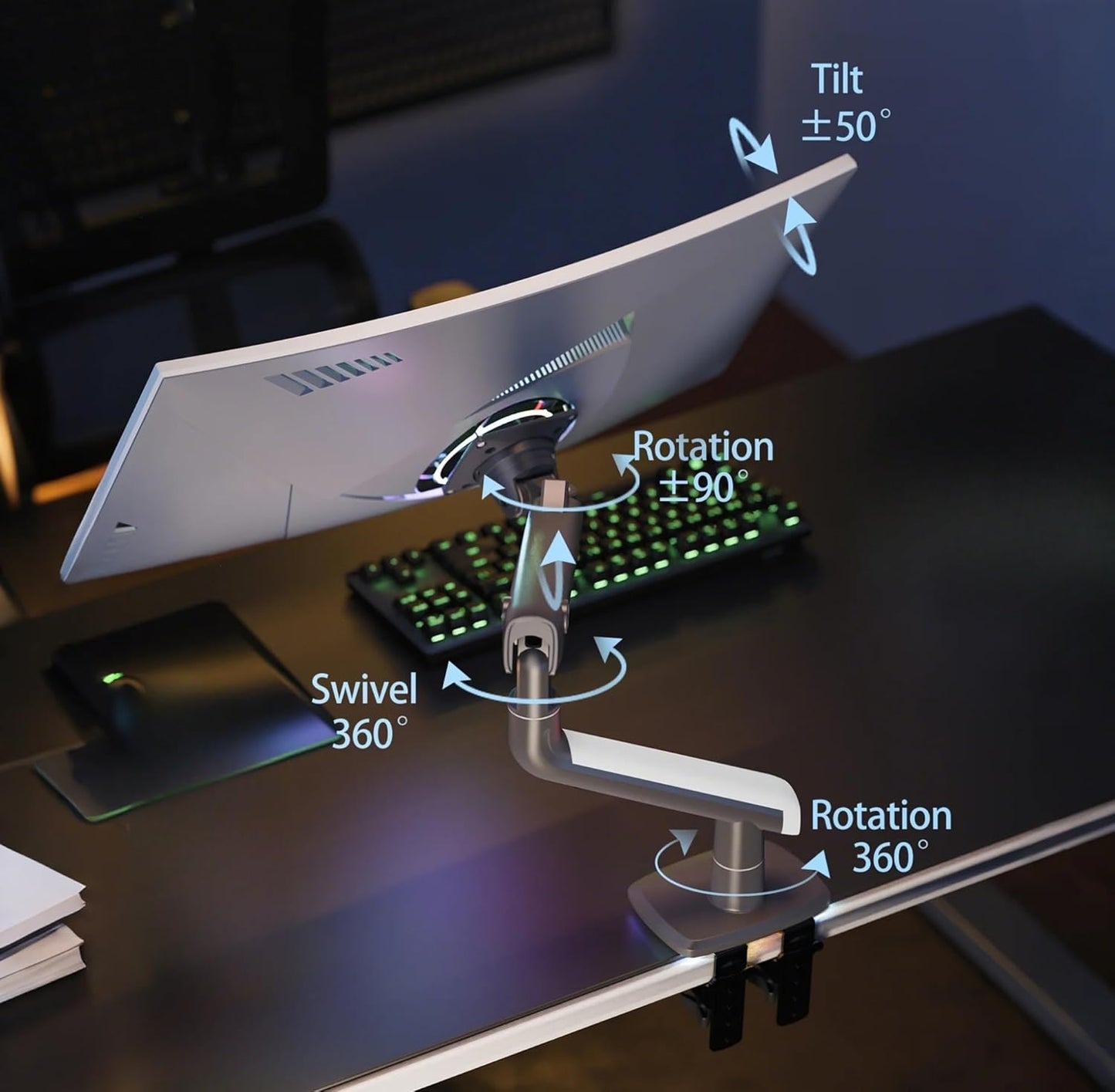 Gaming Monitor-Arm for Flat/Ultrawide/Curved Monitors 27'' to 50 inch, Heavy Duty Mount Load up to 18 kg, VESA 75/100 mm Monitor-Mount A5