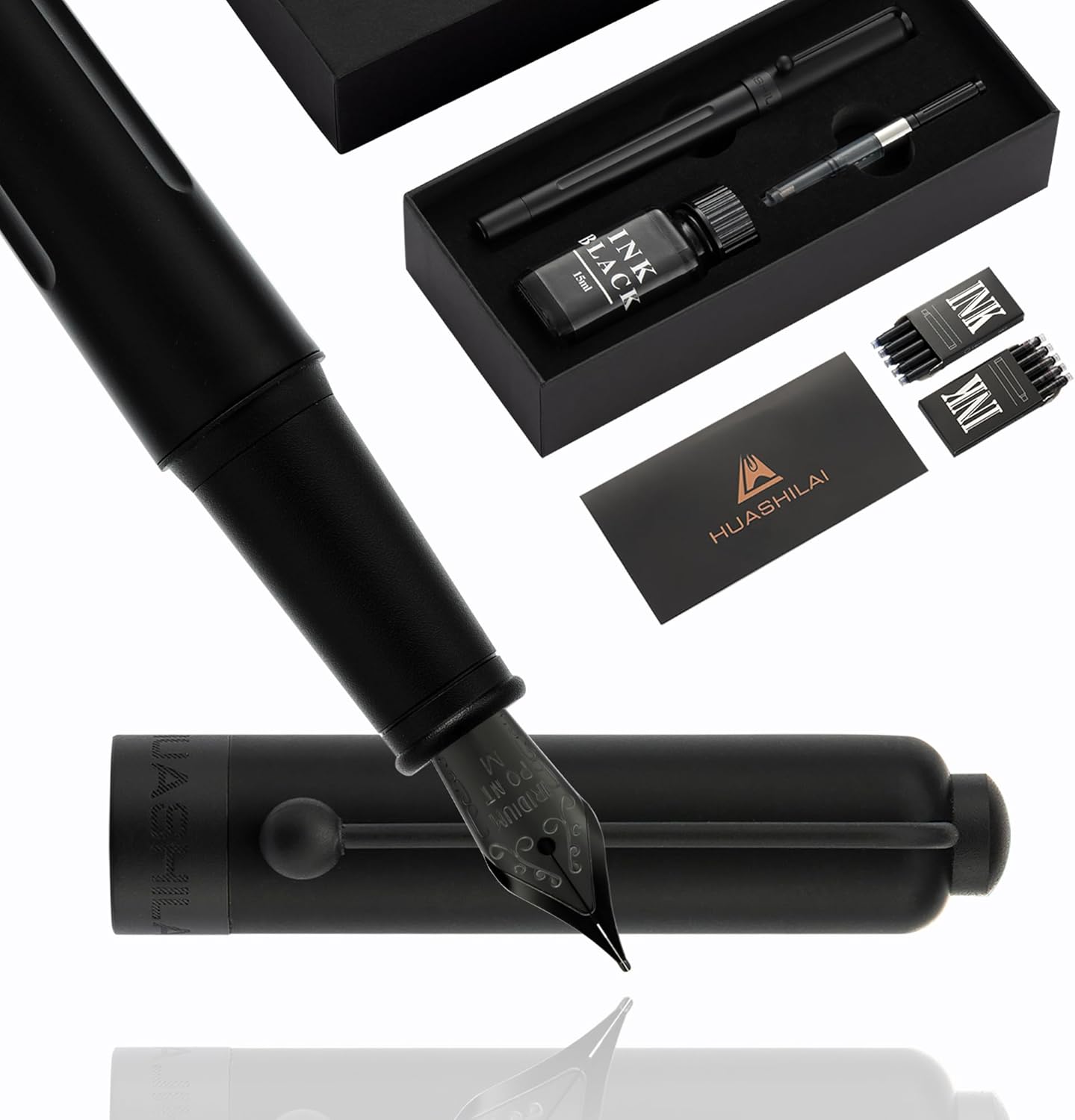 Luxury Matte Black Forest Fountain Pen Set,Titanium Black Extra Fine and Medium Nibs,Includes 2 Ink Converters,10 Ink Cartridges,15ml ink，Premium Gift Case for Calligraphy (Medium Nib)