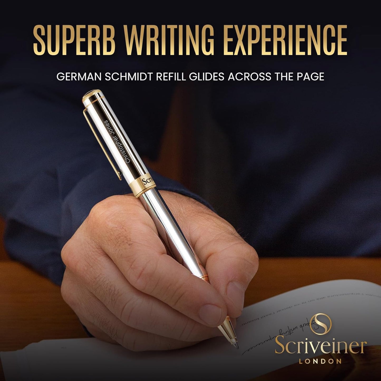 Scriveiner Personalized Silver Chrome Rollerball Pen - Stunning Luxury Pen, Real Gold Plating, Schmidt Ink Refill, Best Engraved Roller Ball Gift Set for Men & Women, Custom Name Engraving