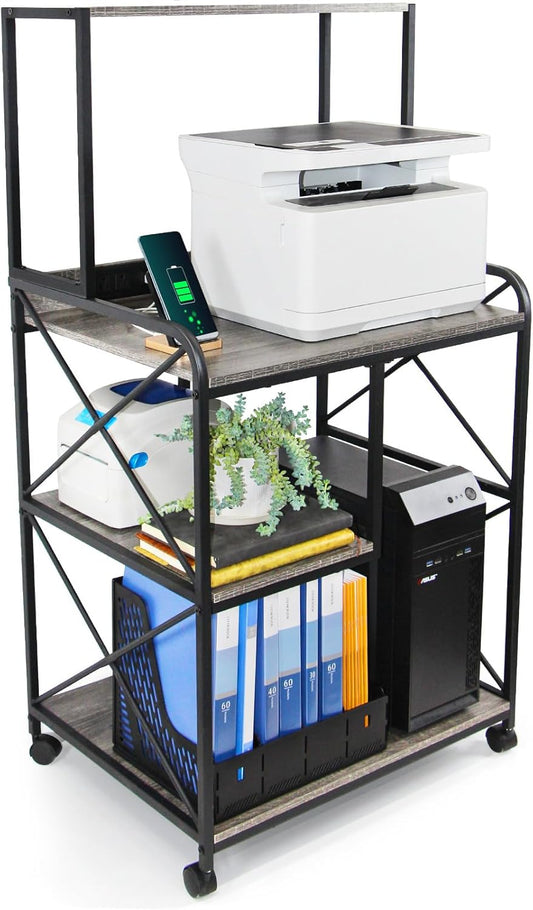 Printer Stand, 23 x 18 Inch Printer Table for Home Office, Large Printer Stand with Storage, 4 Tier Modern Home Printer Cart with Wheels & Socket, Computer Tower Stand CPU Stand, Grey