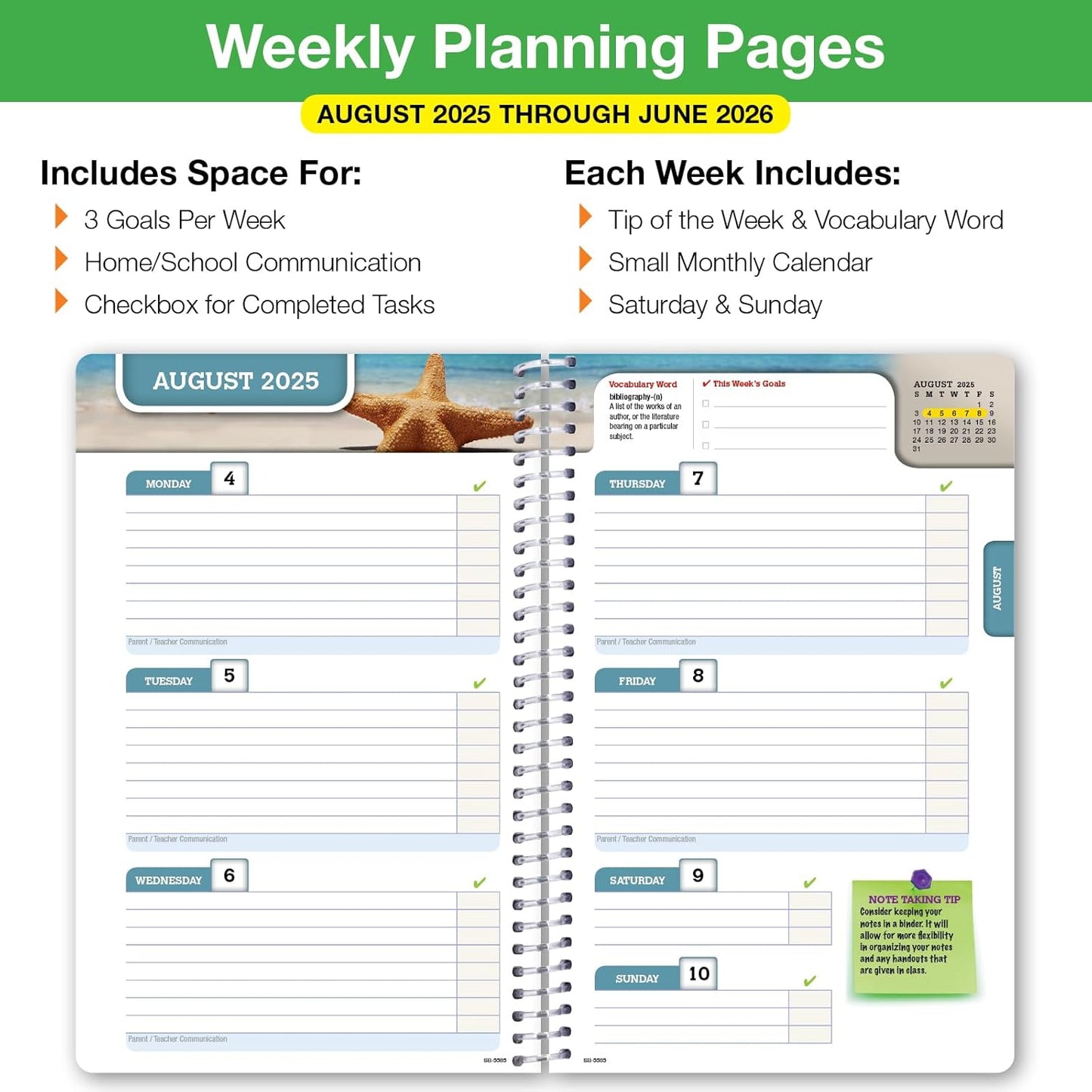 Global Datebooks Dated Middle School or High School Student Planner for Academic Year 2025-2026 Includes Ruler/Bookmark and Planning Stickers (Block Style - 5.5"x8.5" - Blue Colors)