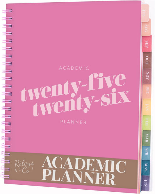 Rileys Academic Planner 2025-2026, Daily, Weekly & Monthly Planner, July 2025 - June 2026, Student Notes Pages, Twin-Wire Binding, Weekly Agenda for School & Work (8 x 6-Inches, Pink, Diagonal)