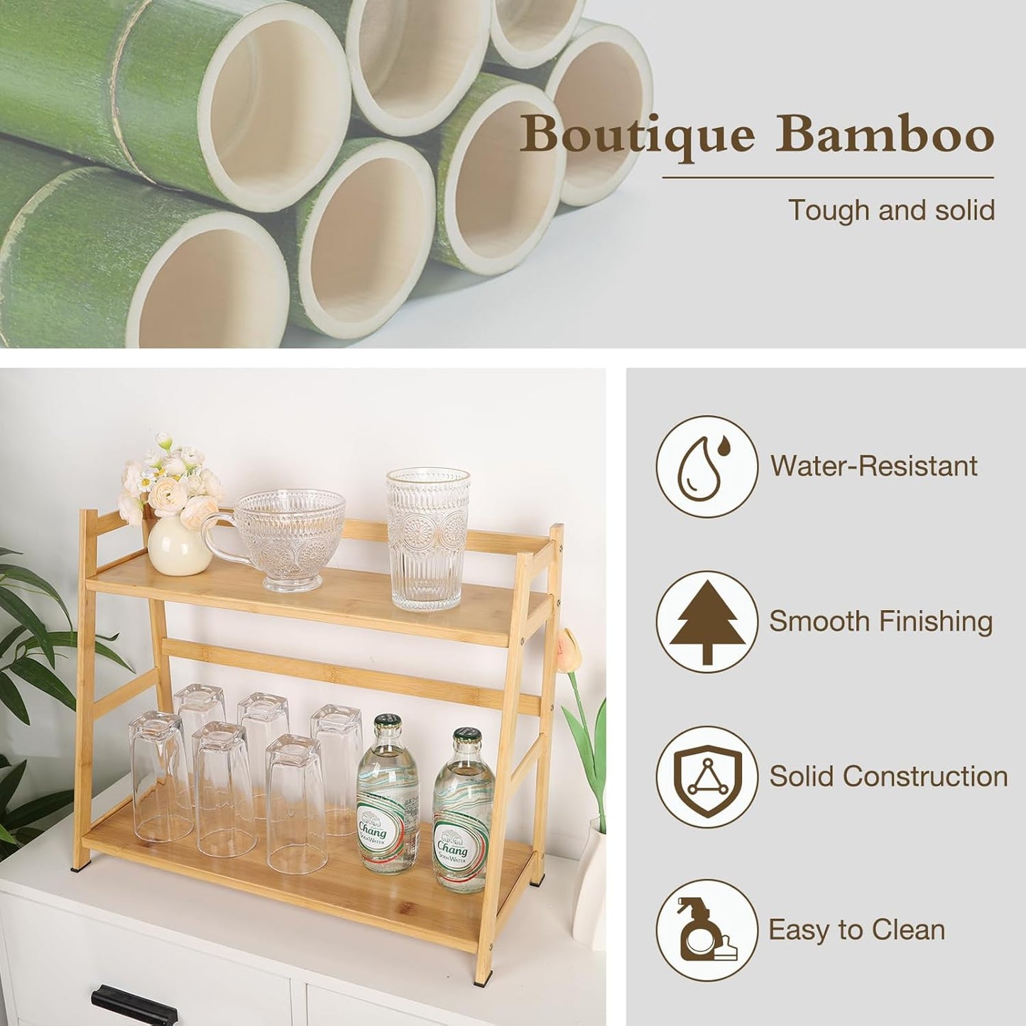 Countertop Organizer Bamboo Spice Rack 2-Tier Desktop Bookshelf Wooden Storage Stand for Kitchen, Office and Dorm, Desk Organizer for Books and Decor (Medium)