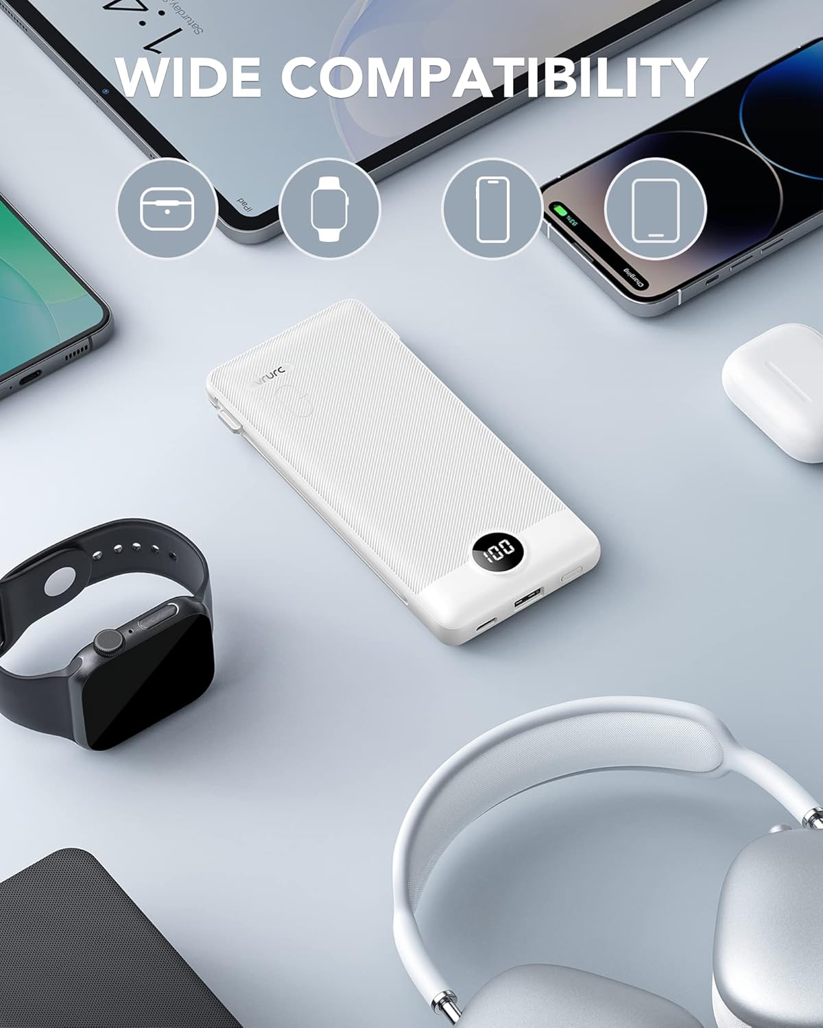 VRURC Portable Charger,Power Bank Built-in Cables and AC Wall Plug, USB C Portable Bank 10000mAh, Travel Essentials Phone Charger Compact External Battery Pack for Smart Phones, Tablets etc-White