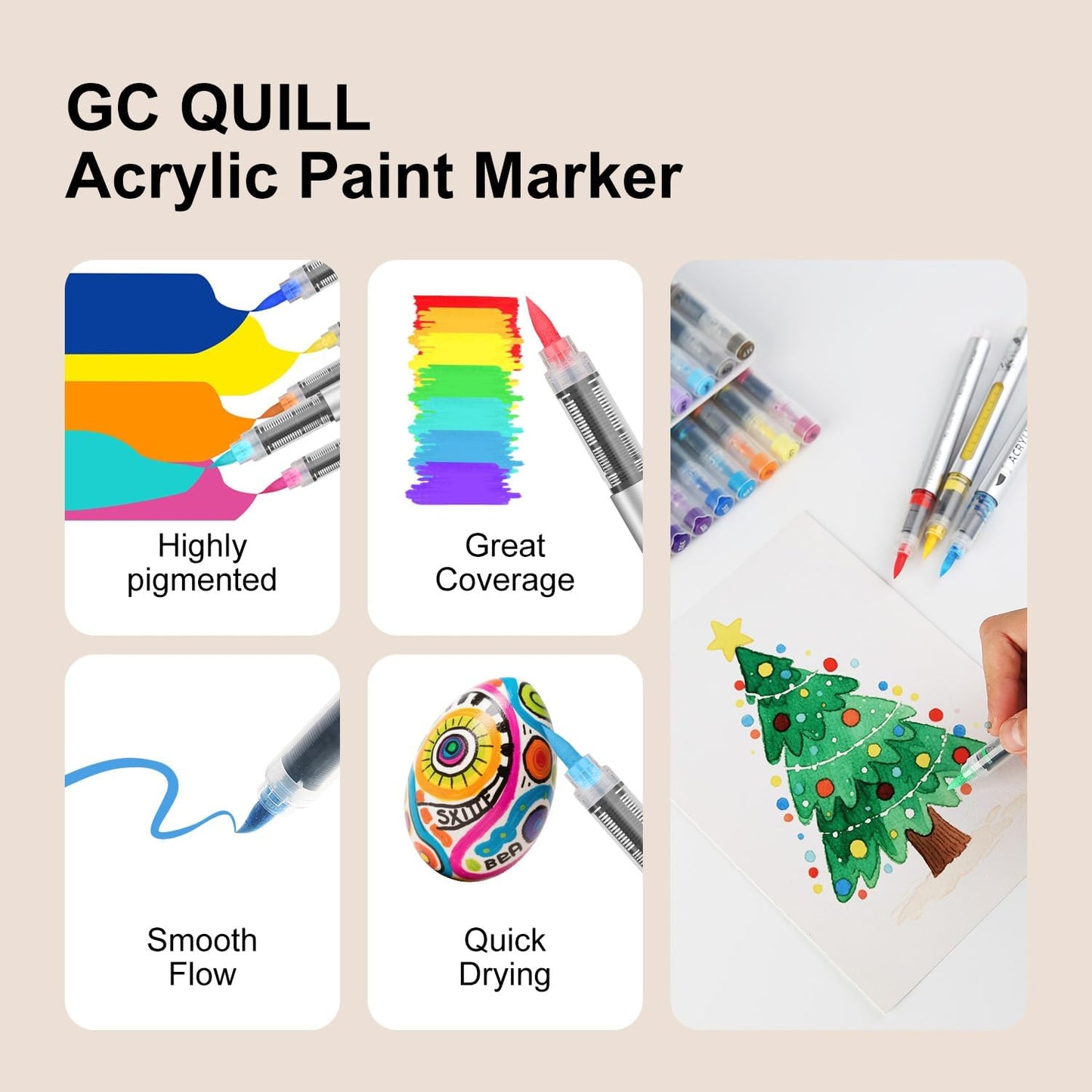 GC QUILL Acrylic Paint Markers – 48 Colors Acrylic Paint Pens with Brush Tip for Rock, Wood, Glass, Canvas, DIY Crafts – Acrylic Markers Set for Kids, Adults, Artists & Crafters GC-AM48
