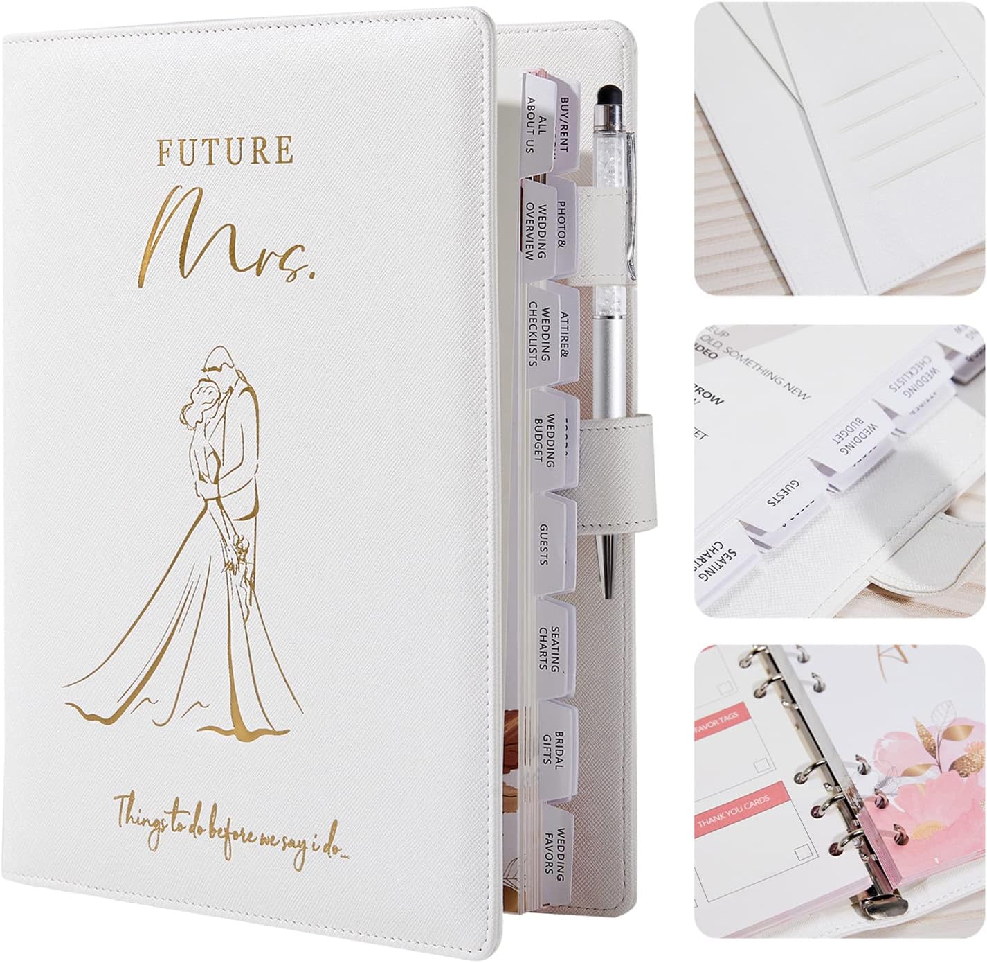 AW BRIDAL Best Engagement Gifts For Her Bride To Be Gifts∣Future Mrs Leather Wedding Planner Book And Organizer For The Bride Wedding Planning Notebook Budget Planner Binder, 140 Pages, White