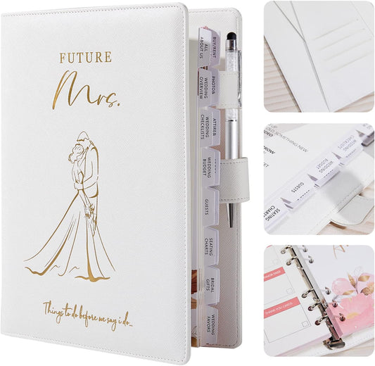AW BRIDAL Best Engagement Gifts For Her Bride To Be Gifts∣Future Mrs Leather Wedding Planner Book And Organizer For The Bride Wedding Planning Notebook Budget Planner Binder, 140 Pages, White
