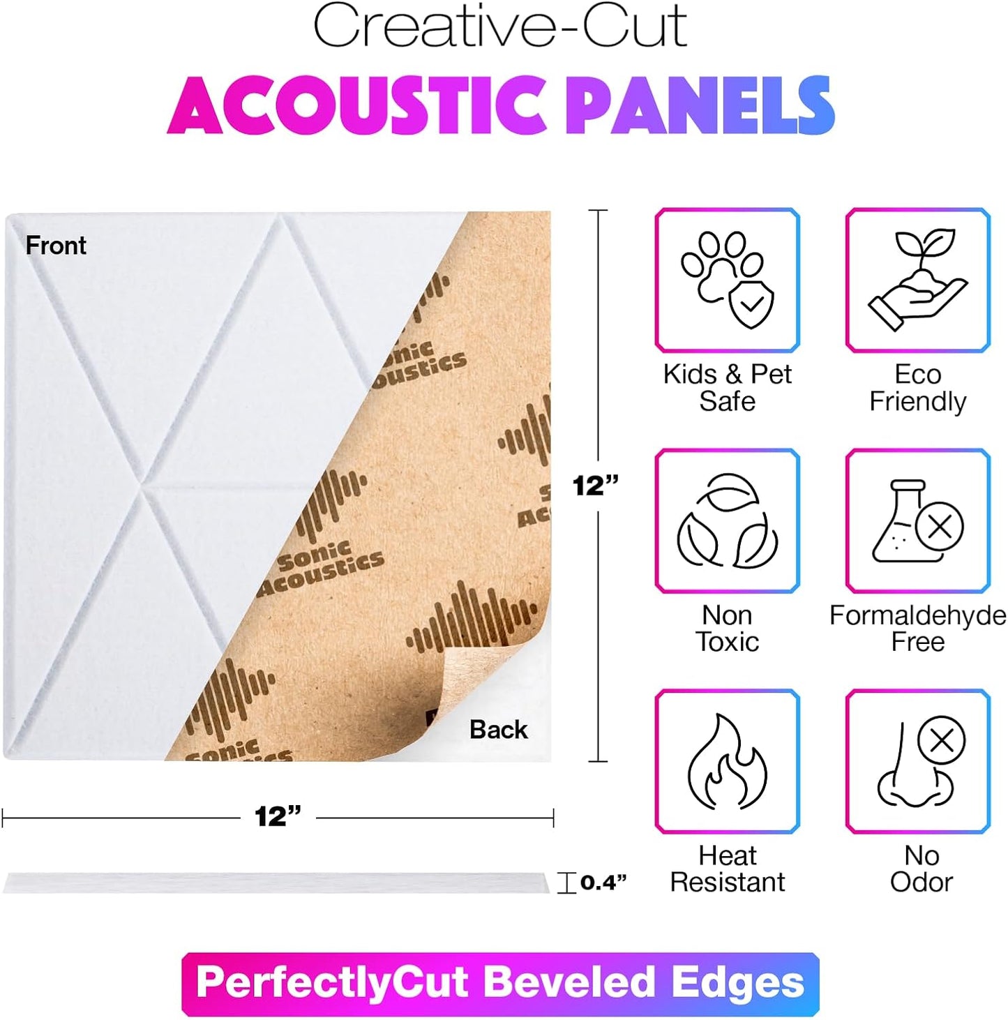 18 Pack Self-Adhesive Acoustic Panels, 12"x 12"x 0.4" Sound Absorbing Panels, High Density Square Sound Proof Noise Dampening Panels for Walls Home Studio Office, Trapezium Cutting Style, White