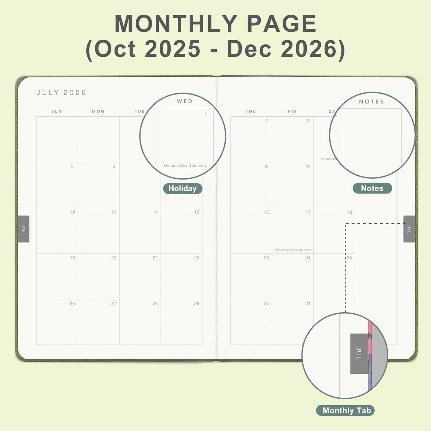 And Per Se 2026 Planner-Daily, Weekly & 15-Monthly Leather Hardcover Planner, 5.7" x 8", Daily Schedule, Monthly Tabs, 100 GSM Thick Paper, Back Pocket(Olive Green)
