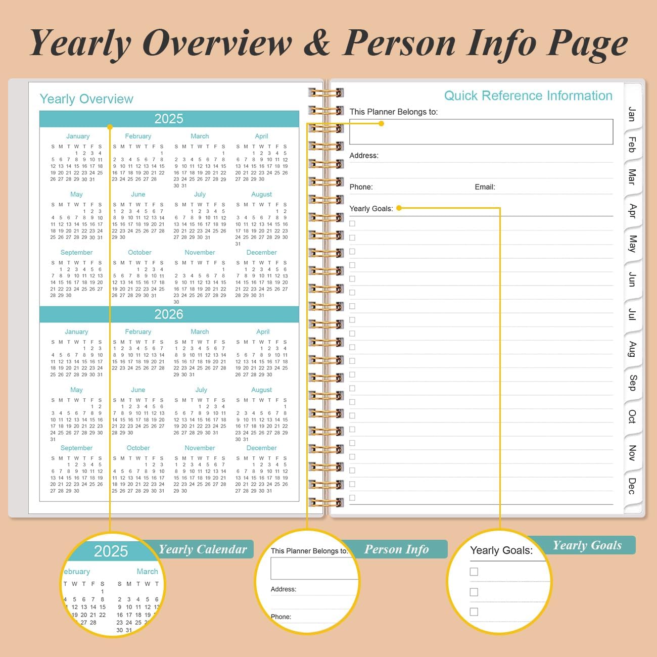 2025-2026 Monthly Planner - July 2025 - December 2026, Two Pages Per Month, 18 Monthly Calendar/Planner with Tabs, Strong Twin-Wire Binding, Inner Pocket, 6.4" x 8.5", Rose Flowers