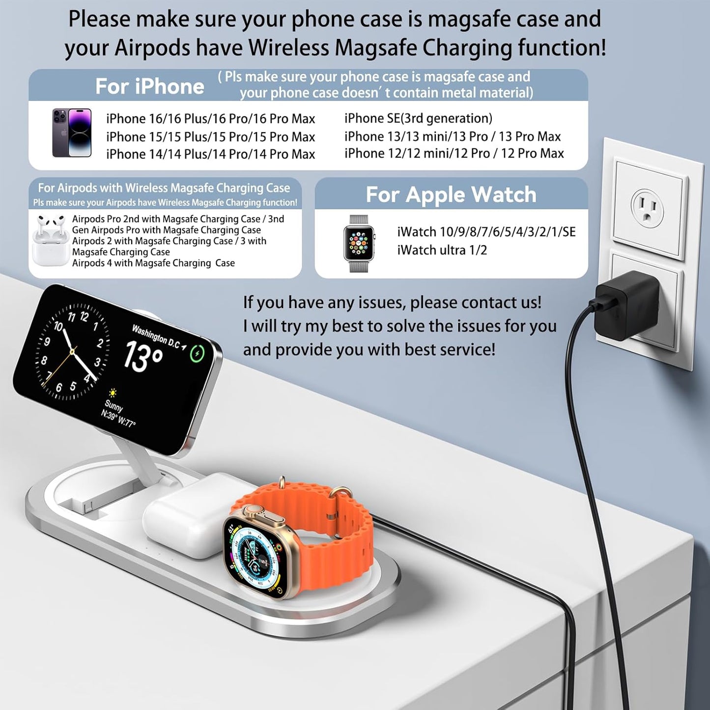 3 in 1 Fast Wireless Charger Stand for iPhone, Foldable Travel Charging Station for Magsafe for iPhone 17/Air/16/15/14/13/12 Series, Apple Watch Series, AirPods pro/2/3/4, Gifts for Women Men (Silver)