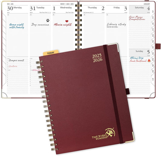 POPRUN Academic Planner 2025-2026 (July 2025-June 2026), Daily Weekly and Monthly Appointment Book (Wirebound Hard Cover - 10'' x 8'') with Hourly Time Slots, Tabs, 100 GSM - Burgundy