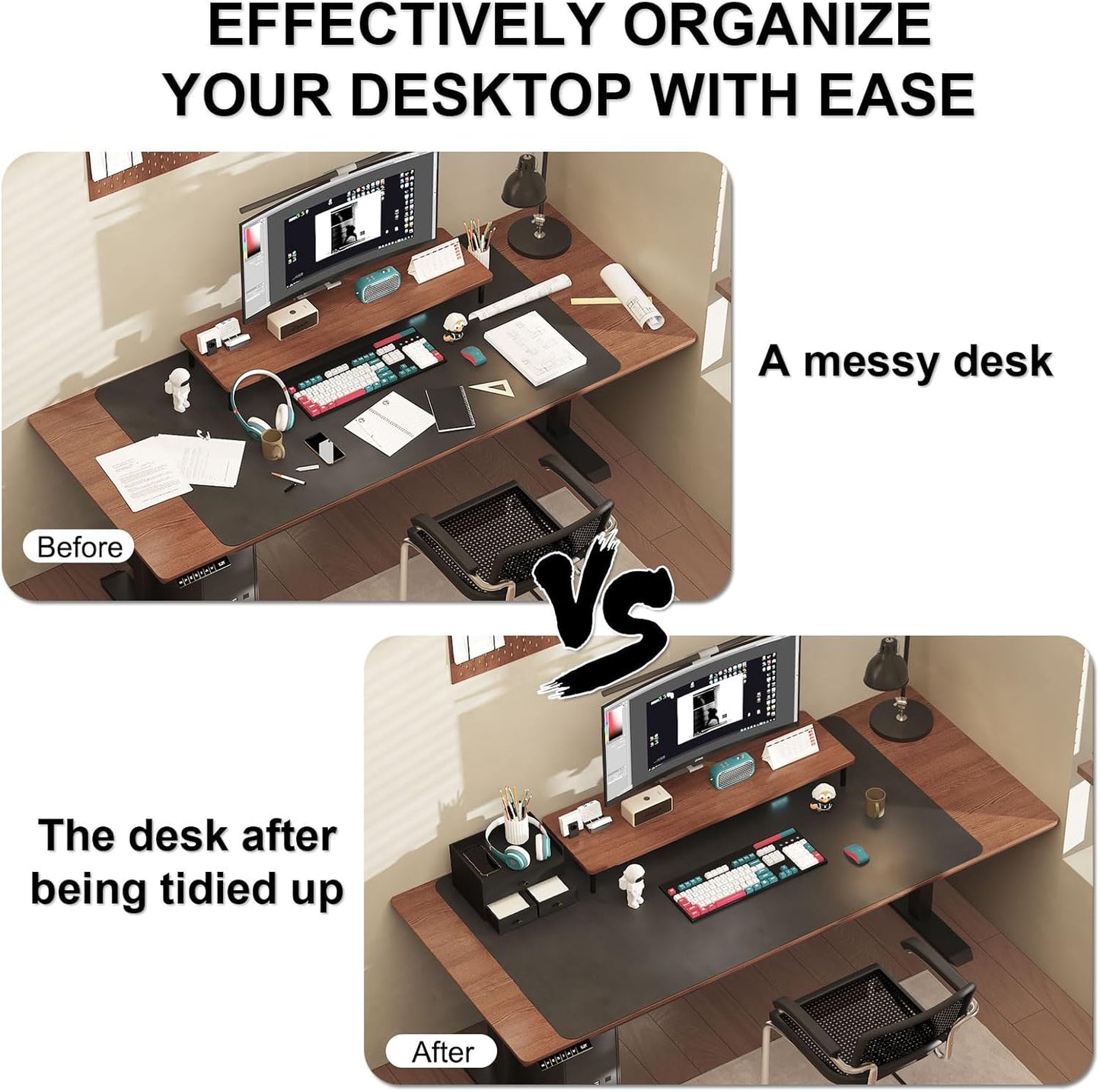 Bamboo Desk Organizer with Drawers Wooden Desktop Storage Organization Box for Bills Office Supplies Kitchen Utensils Organizing Tool for Home Classroom Vanity, No Assembly Required (3 Drawers, Black)