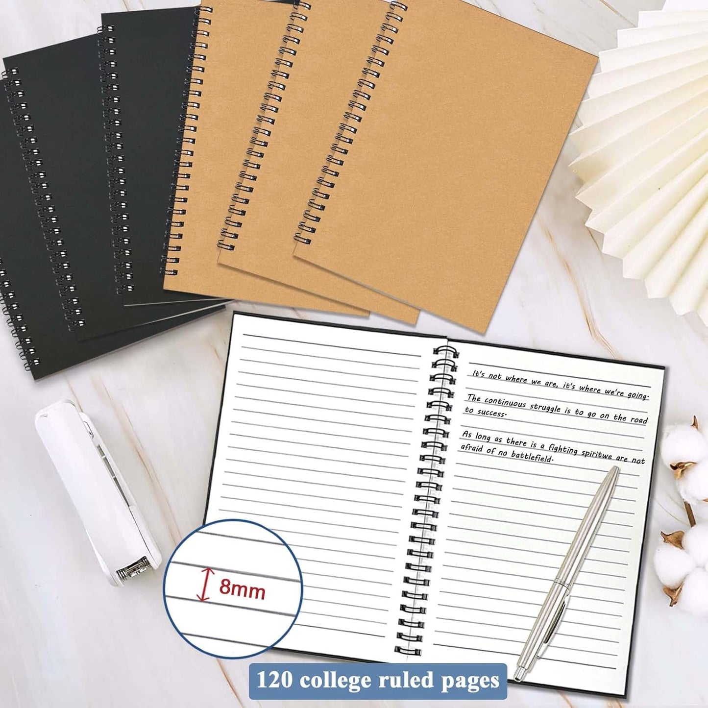 GINMLYDA 6Pack Small Spiral Notebook A5, 8.25x5.5” 120 Lined Pages Wide Ruled Spiral Journal Bulk Blank Kraft Cover Spiral Bound Notebook & Writing Pads for Home Office Meeting Work Note Taking