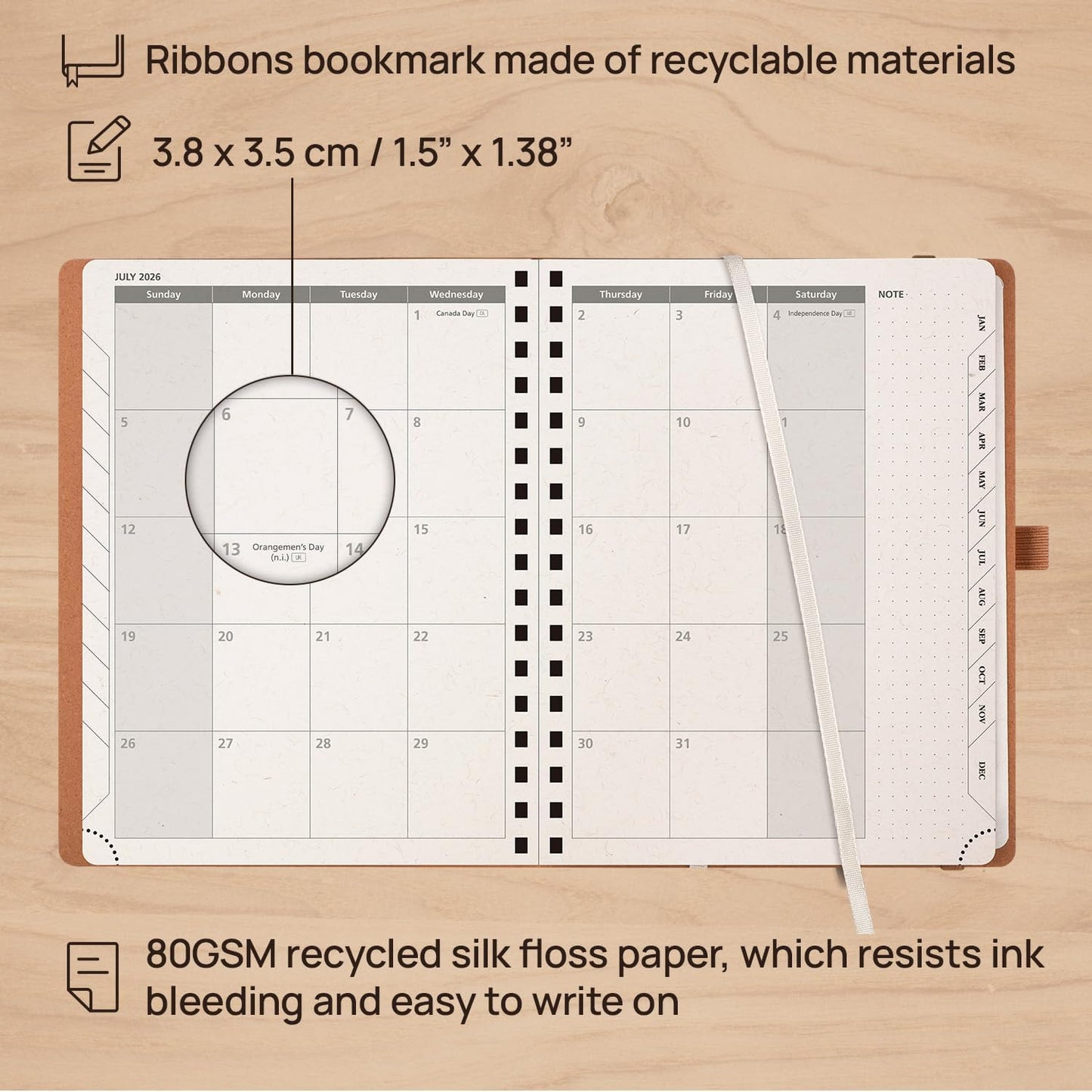 POPRUN 2026 Planner - 2026 Recycled Weekly Planner [Italian Regenrated Leather - Medium Size 6.5'' x 8.5''] - 2026 Weekly Planner with Hourly Schedule, Monthly Tabs-26-WERO7-BGY - Black Grey