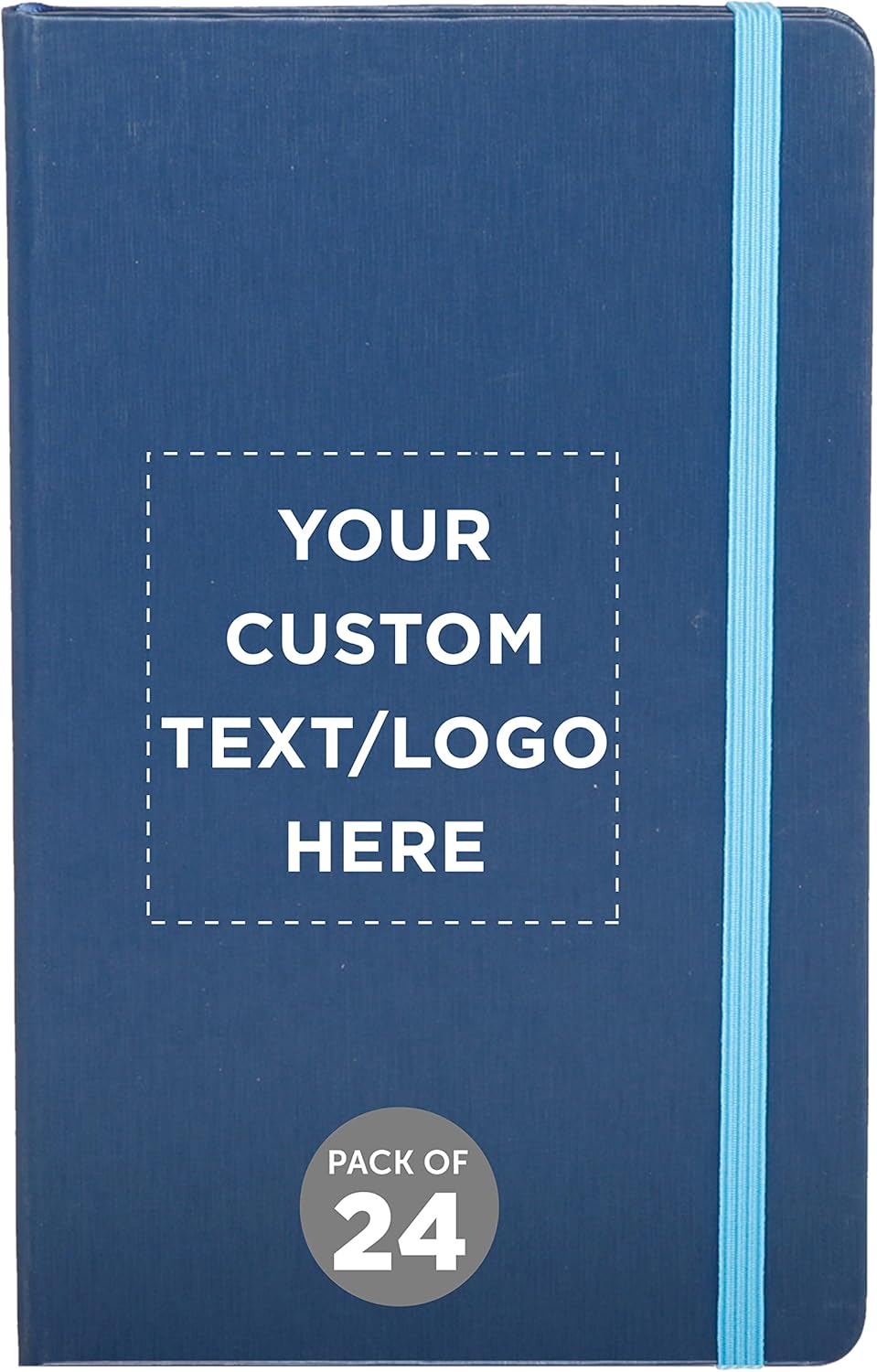 DISCOUNT PROMOS Custom Hardcover Notebook Journals with Elastic Colored Band Set of 24, Personalized Bulk Pack - Perfect for School, Office, Home - Blue