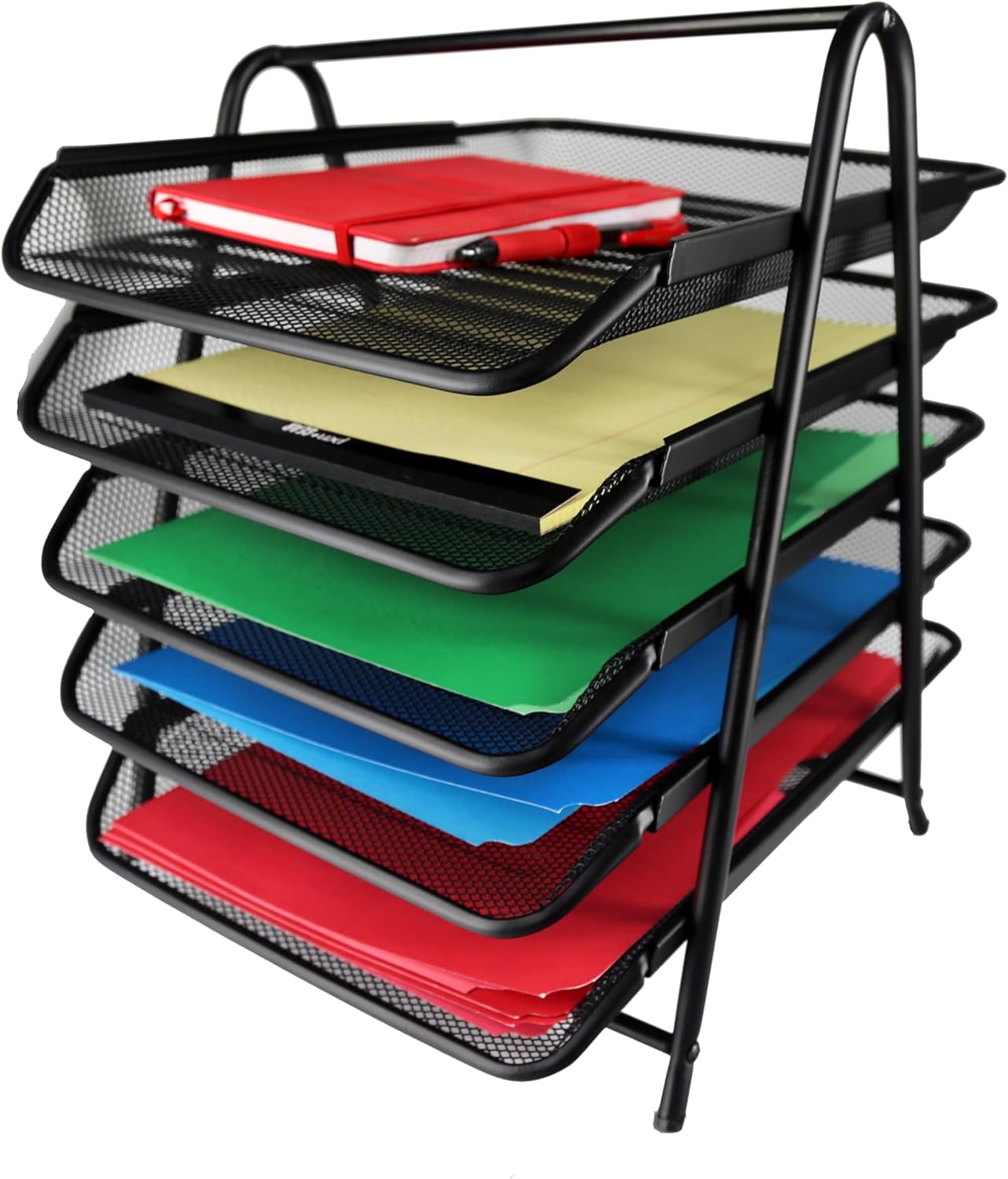 Huron Desktop Horizontal File Binder Organizer Storage Letter Tray, 5 Slot, Black Steel Mesh