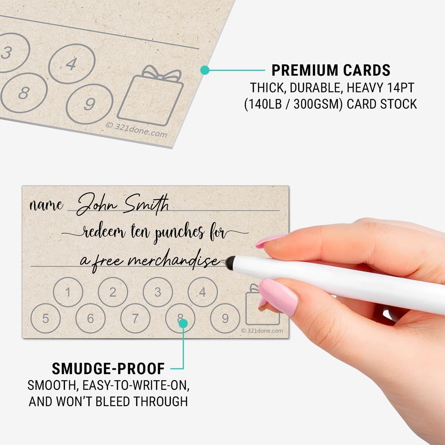 321Done Loyalty Punch Cards, Made in USA - 3.5x2 Customer Reward Card, Redeem 10 Punches or Visit for Prize, Kraft Tan - Set of 50